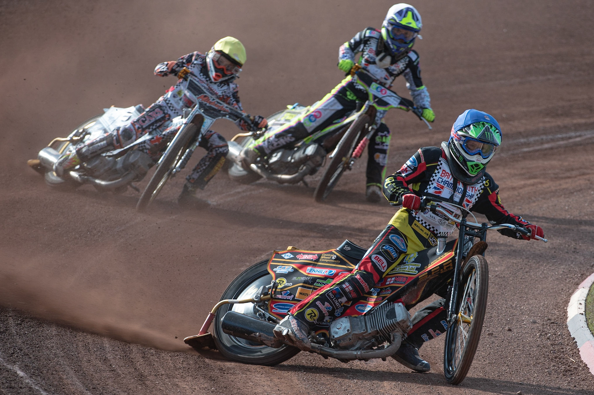 Photo: Ian Charles

Dan Thompson (Blue) leads Mickie Simpson (Yellow) and Alex Goldsborough (White)

Summer Speed Saturday & British Youth Speedway Championship Round 5, National Speedway Stadium, Manchester, Saturday 22 June 2019
