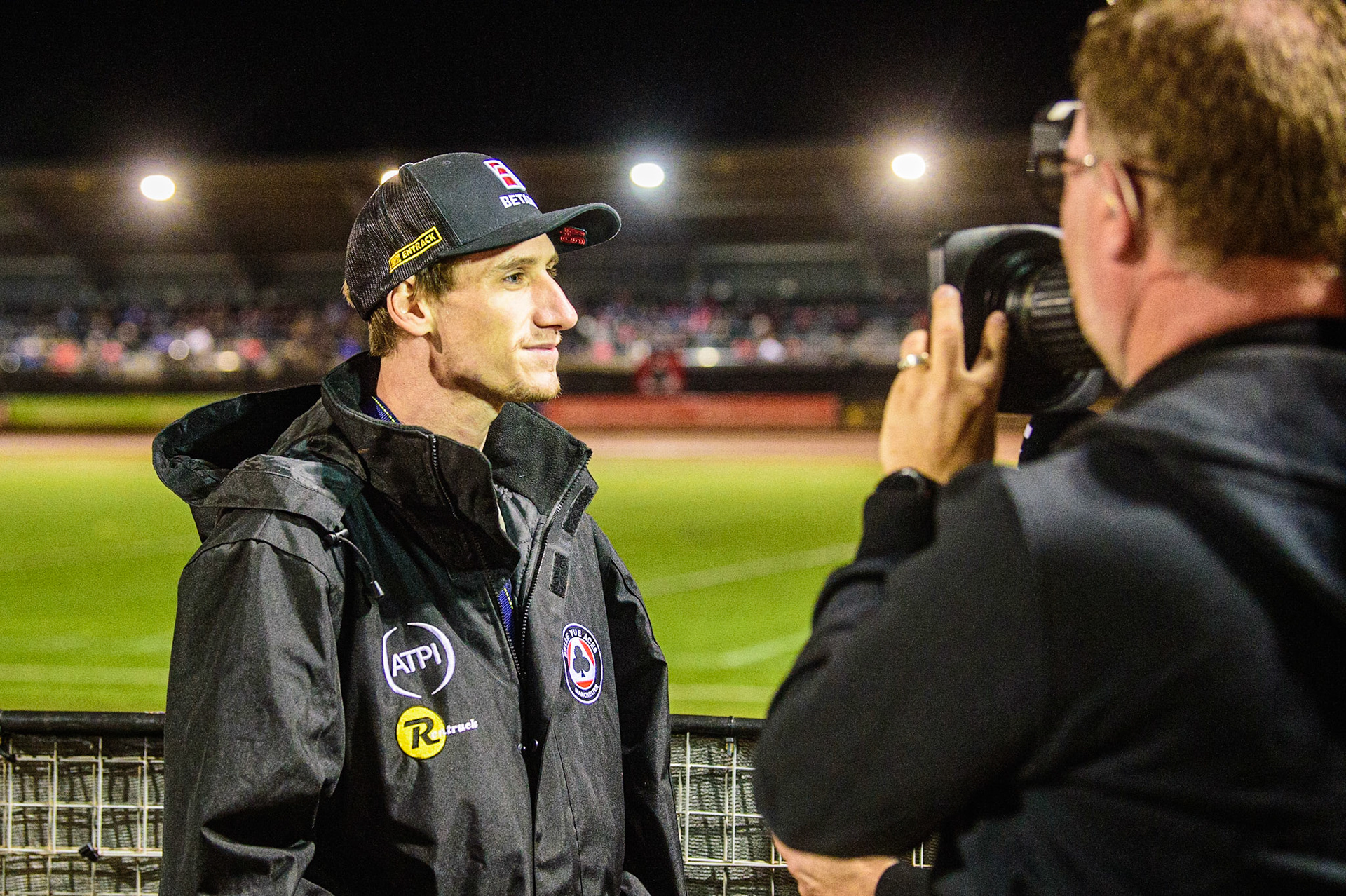 Injured Belle Vue rider Max Fricke is interviewed by the Eurosport cameras during the SGB Premiership Semi Final 2nd Leg between Belle Vue Aces and Ipswich Witches at the National Speedway Stadium, Manchester on Monday 3rd October 2022. (Credit: Ian Charles | MI News)