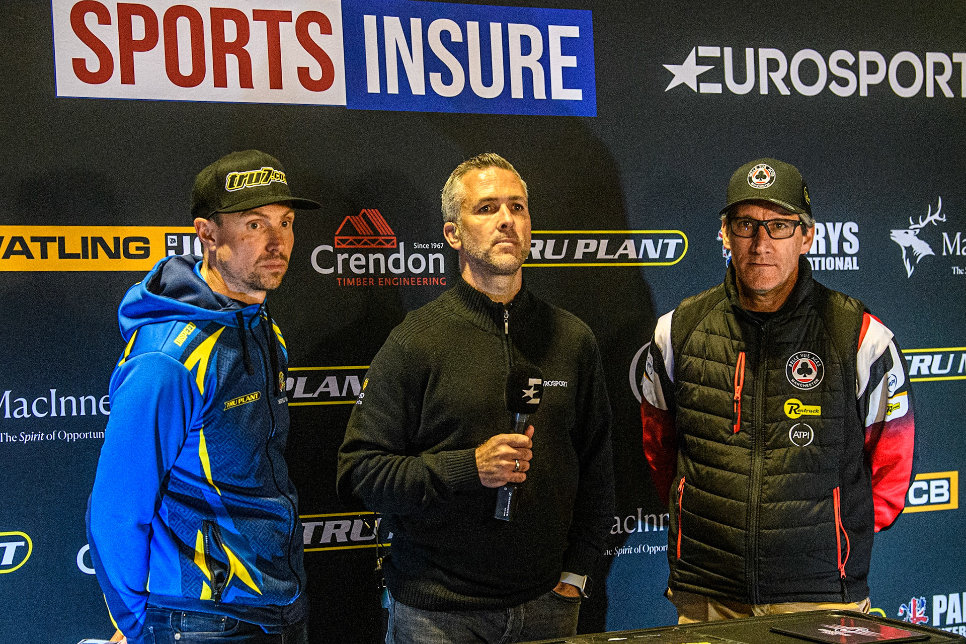 The team Managers announce their picks for the nominated riders heat 15. (l - r) Sheffield TruPlant Tigers Simon Stead , Scott Nicholls (presenter) and Belle Vue ATPI Aces Mark Lemon during the Sports Insure Premiership match between Belle Vue Aces and Sheffield Tigers at the National Speedway Stadium, Manchester on Monday 7th August 2023. (Photo: Ian Charles | MI News)