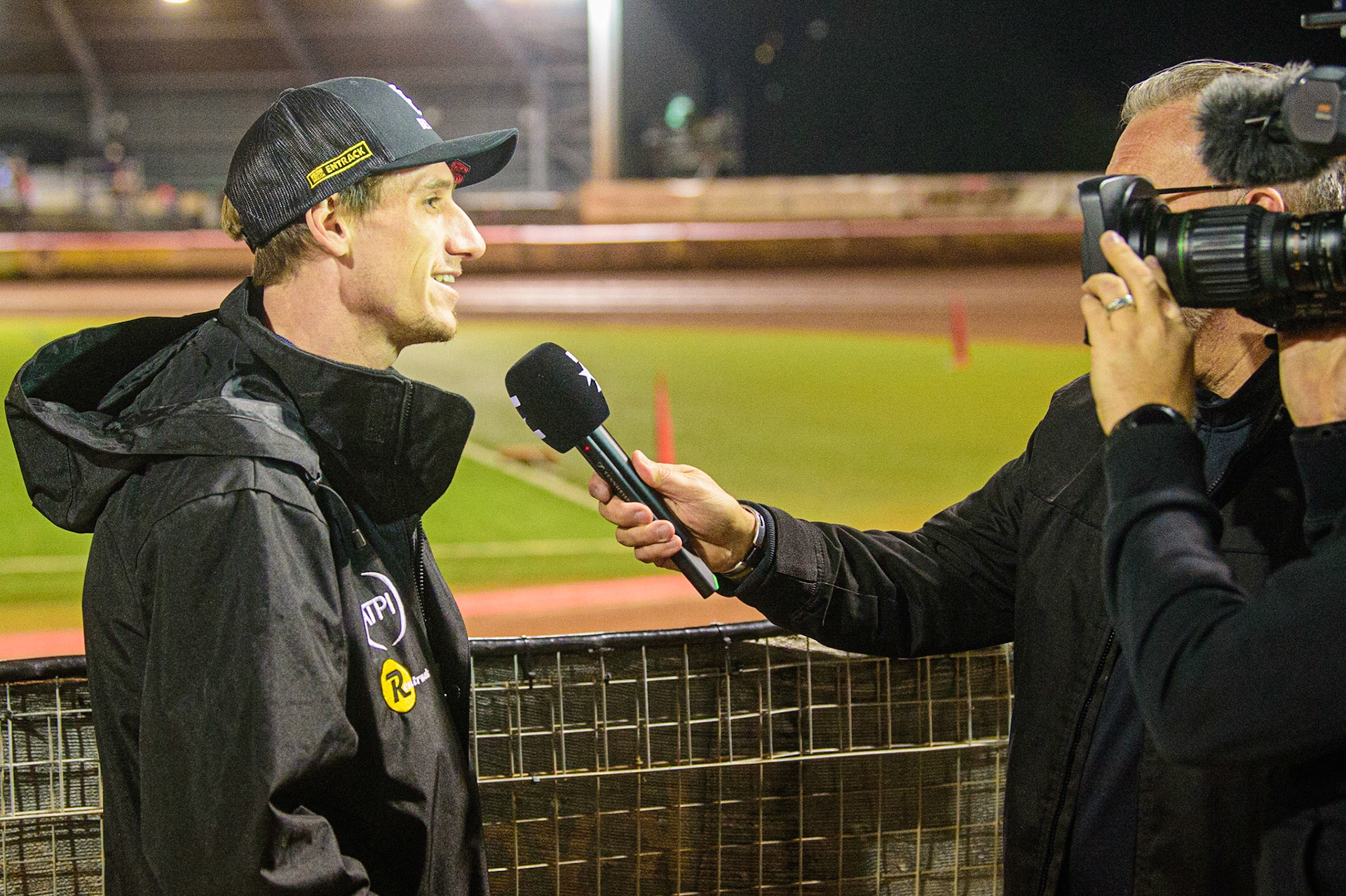 Injured Belle Vue rider Max Fricke is interviewed by the Eurosport cameras during the SGB Premiership Semi Final 2nd Leg between Belle Vue Aces and Ipswich Witches at the National Speedway Stadium, Manchester on Monday 3rd October 2022. (Credit: Ian Charles | MI News)