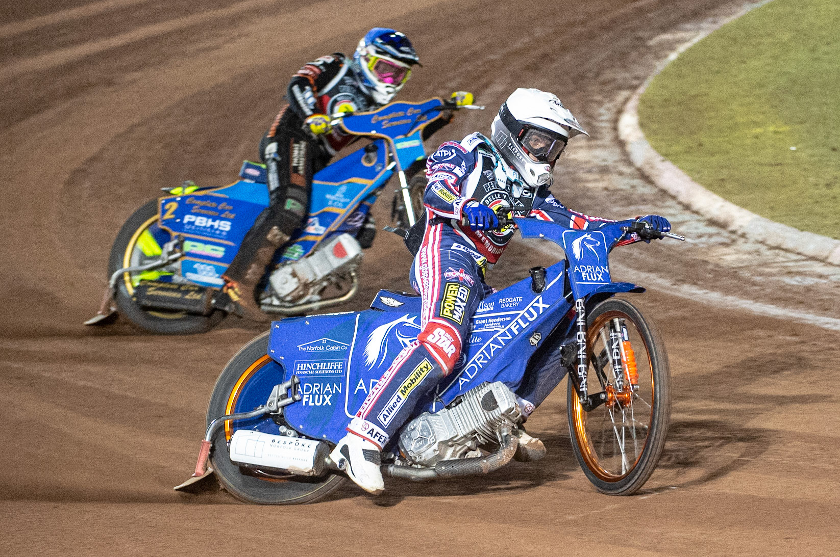 Photo: Ian CharlesLewis Kerr (White) leads Kyle Howarth (Blue)Peter Craven Memorial Trophy, National Speedway Stadium, Manchester Thursday  22  October  2020
