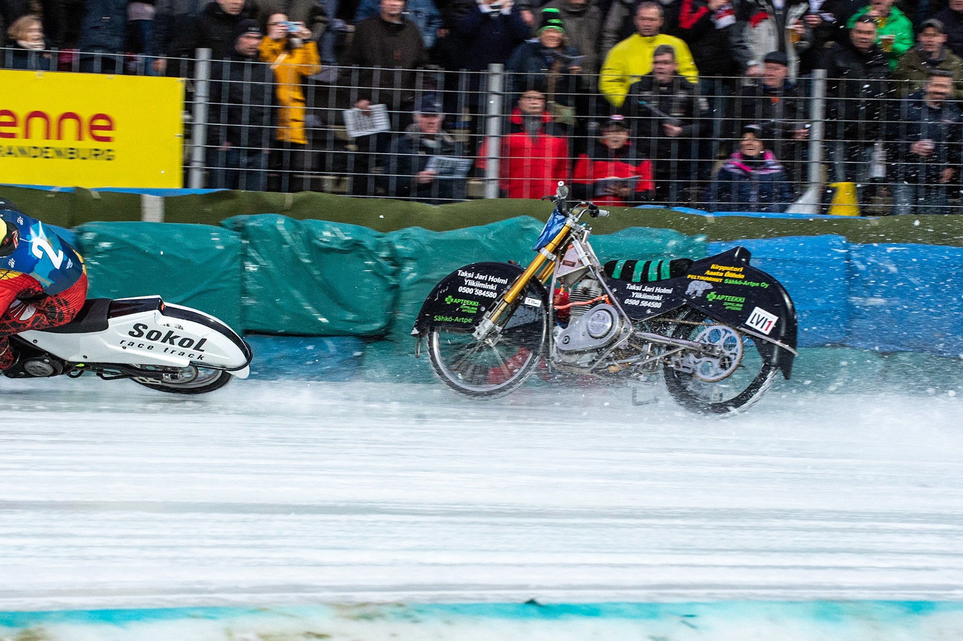 BERLIN GERMANY  - February 29  Matti Isoaho (Red) of Finland collides with Vladimir Cheblokov (Yellow) of Kazakhstan during theIce Speedway of Nations (Day 1) at the Horst-Dohm-Eisstadion, Berlin,  on Saturday 29 February 2020. (Credit: Ian Charles | MI News)