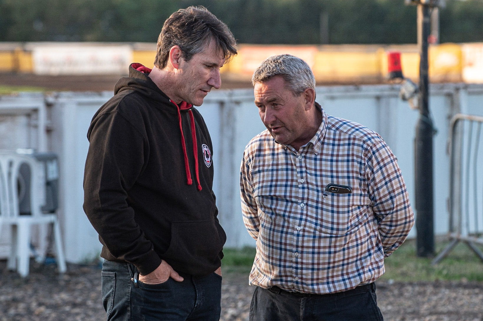 Photo by Ian Charles:

Mark Lemon (left) has a chat with Peterborough Co- Owner Keith Chapman

Peterborough Panthers v Belle Vue Aces, British Speedway Premiership, Thursday, 5, September, 2019