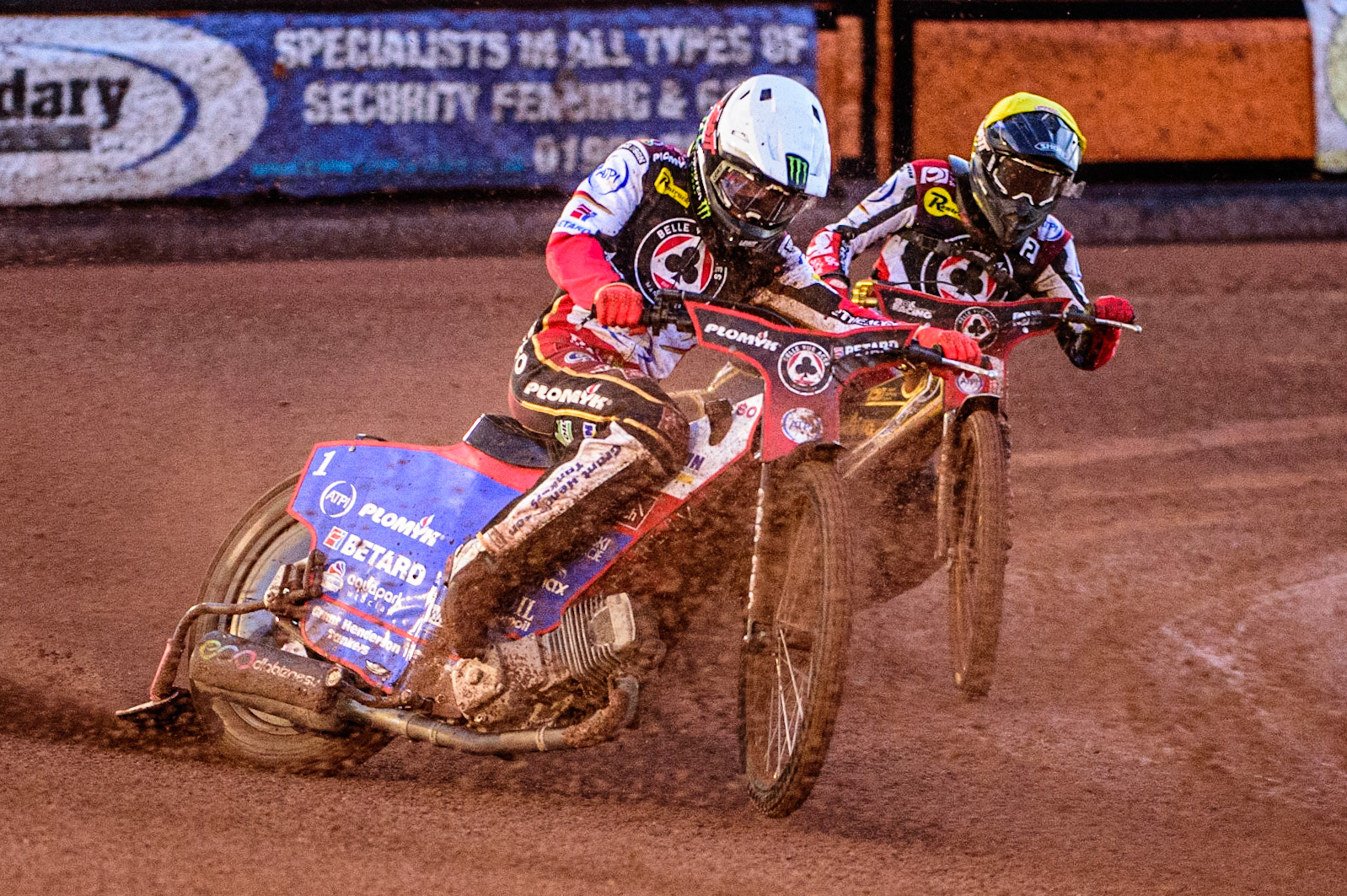 Dan Bewley  (White) leads team mate Norick Blodorn  (Yellow) during the SGB Premiership Knock Out Cup Quarter Final 1st Leg between Wolverhampton Wolves and Belle Vue Aces at Monmore Green Stadium, Wolverhampton on Monday 10th April 2023. (Photo: Ian Charles | MI News)