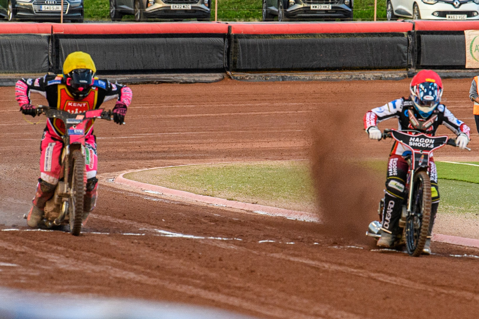 Sam Hagon (Red) and Sam Woolley (Yellow) leave the start during the National Development League match between Belle Vue Colts and Kent Royals at the National Speedway Stadium, Manchester on Friday 7th July 2023. (Photo: Ian Charles | MI News)