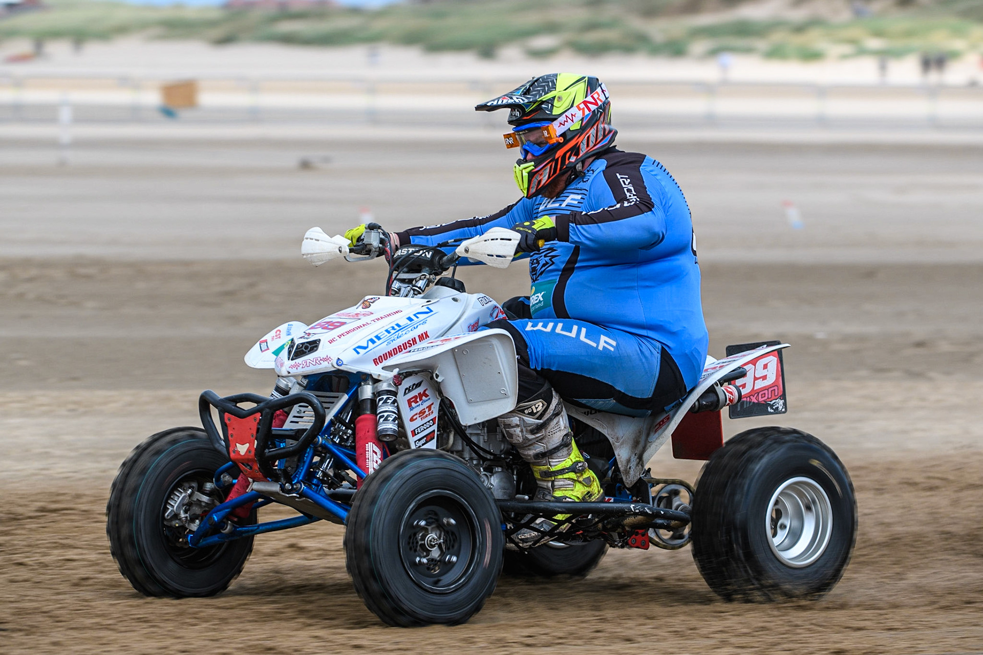 Davey Nixon (99) in practice during the Fylde ACU British Sand Racing Masters Championship at  St Annes on Sea, Lancashire on Sunday 30th July 2023. (Photo: Ian Charles | MI News)