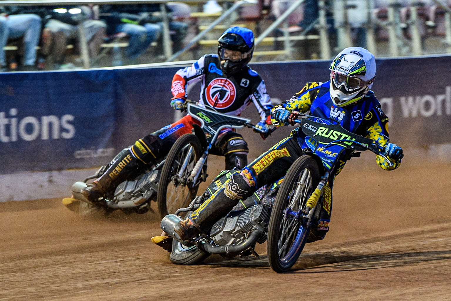 Ryan Kinsley  (White) leads Matt Marson  (Blue) during the National Development League match between Belle Vue Colts and Oxford Chargers at the National Speedway Stadium, Manchester on Friday 12th May 2023. (Photo: Ian Charles | MI News)