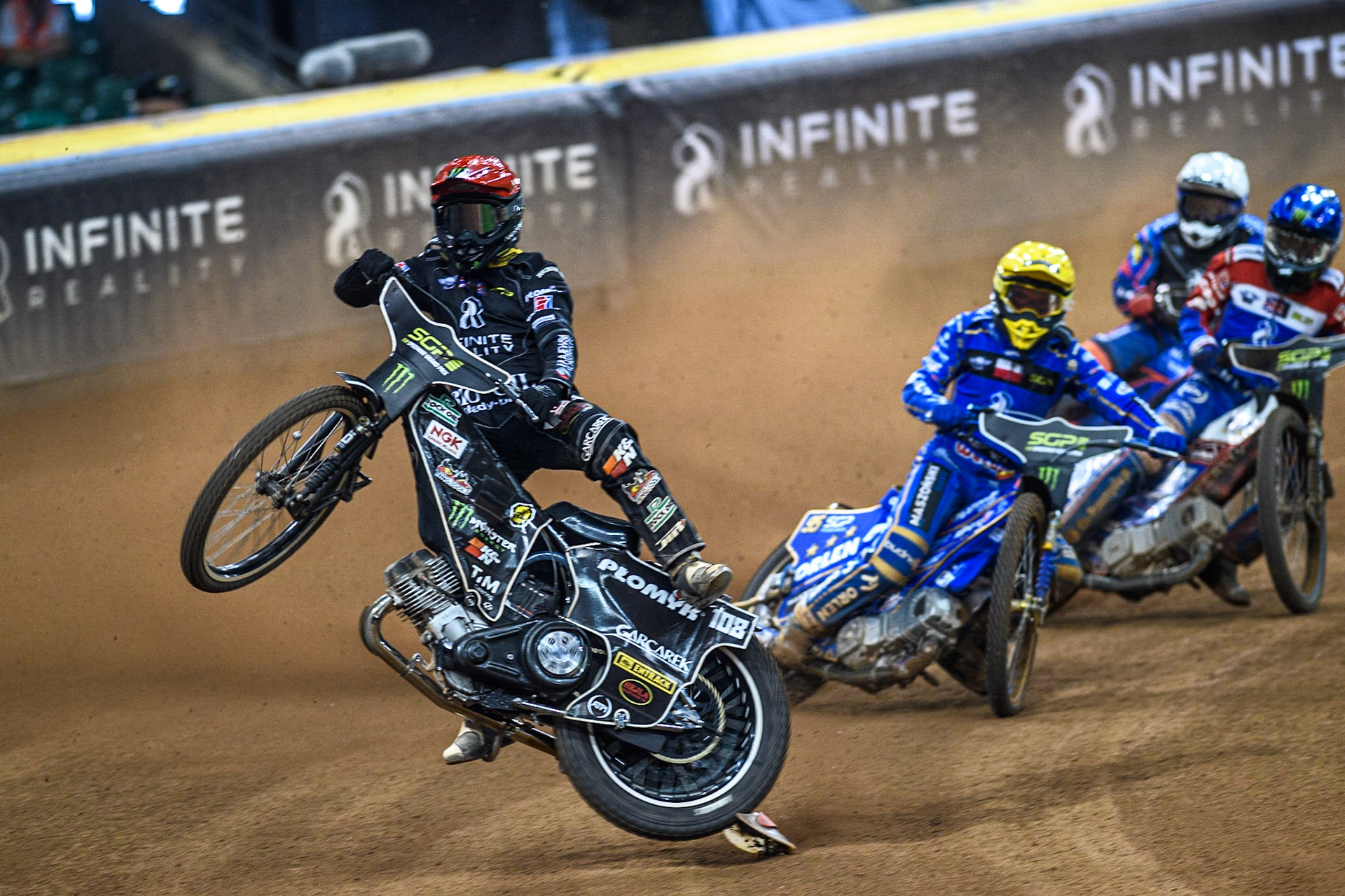 Tai Woffinden (108) (Red) picks up some drive and crashes whilst leading Heat 16 during the FIM Speedway Grand Prix of Great Britain at the Principality Stadium, Cardiff on Saturday 2nd September 2023. (Photo: Ian Charles | MI News)