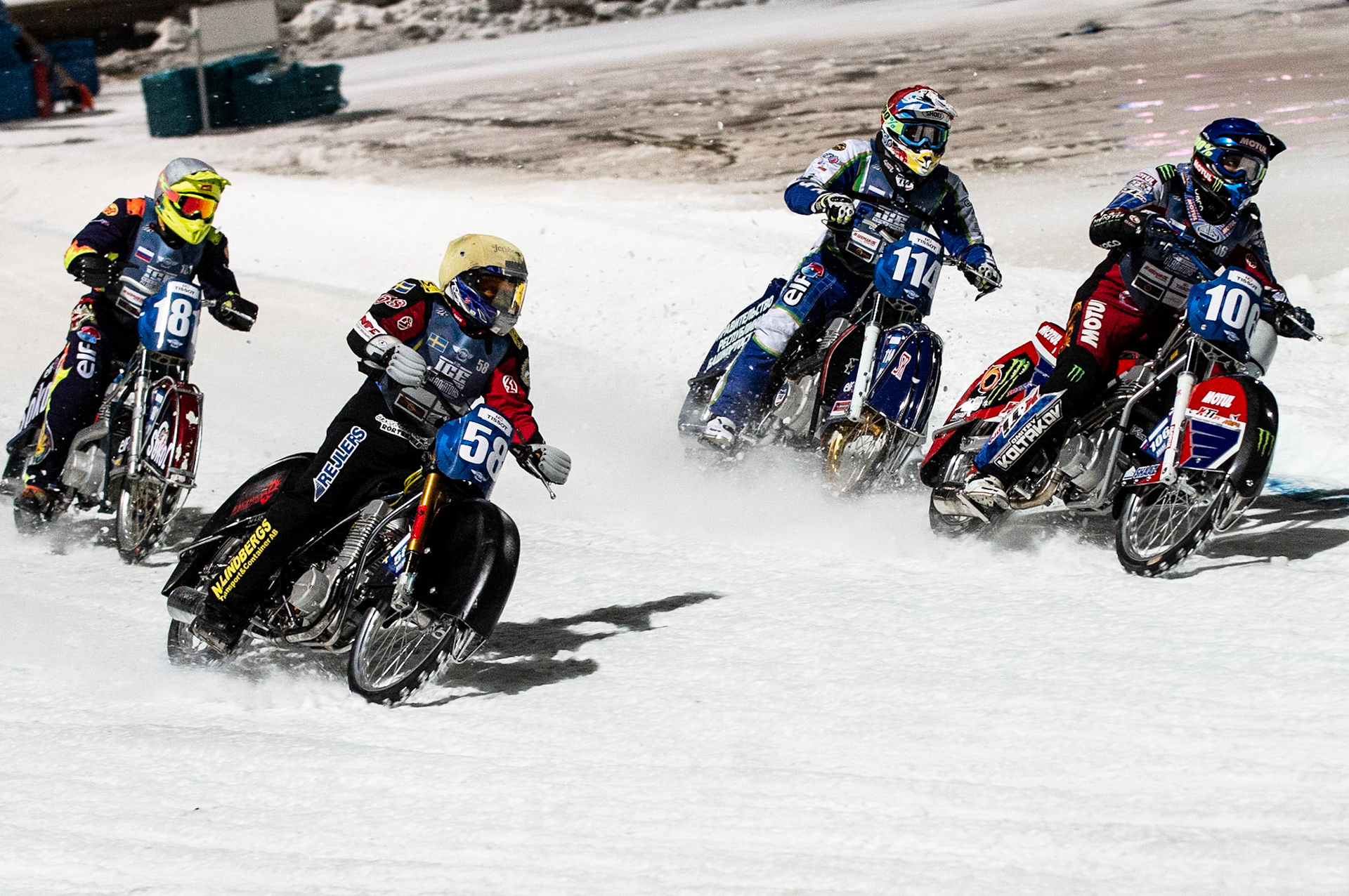 Photo: Ian Charles

Dmitri Koltakov (106) leads Dinar Valeev (114) with Stefan Svensson (58) and Andrei Shishegov (181) on the outside 

FIM Ice Speedway Gladiators World Championship, Final 3.1, Horst-Dohm Eisstadion, Berlin, Germany Saturday  2  March  2019