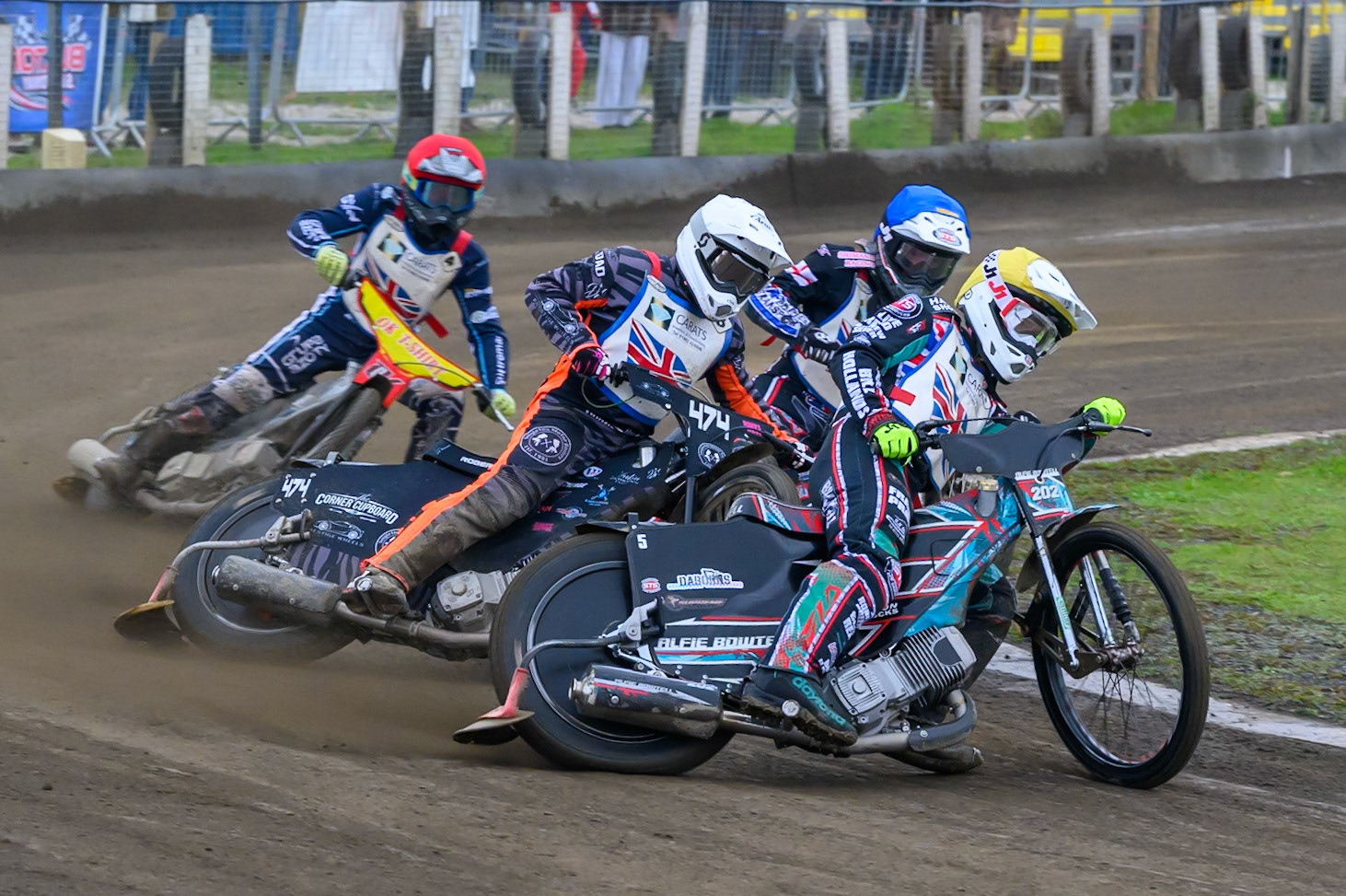 Alfie Bowtell in Yellow leading Jack Roberts in White , Jack Shimelt in Blue and Ryan Ashcroft in Red during the Derbyshire Open at Hi-Edge Speedway, Buxton on Sunday 27th September 2026. (Photo: Ian Charles | MI News)