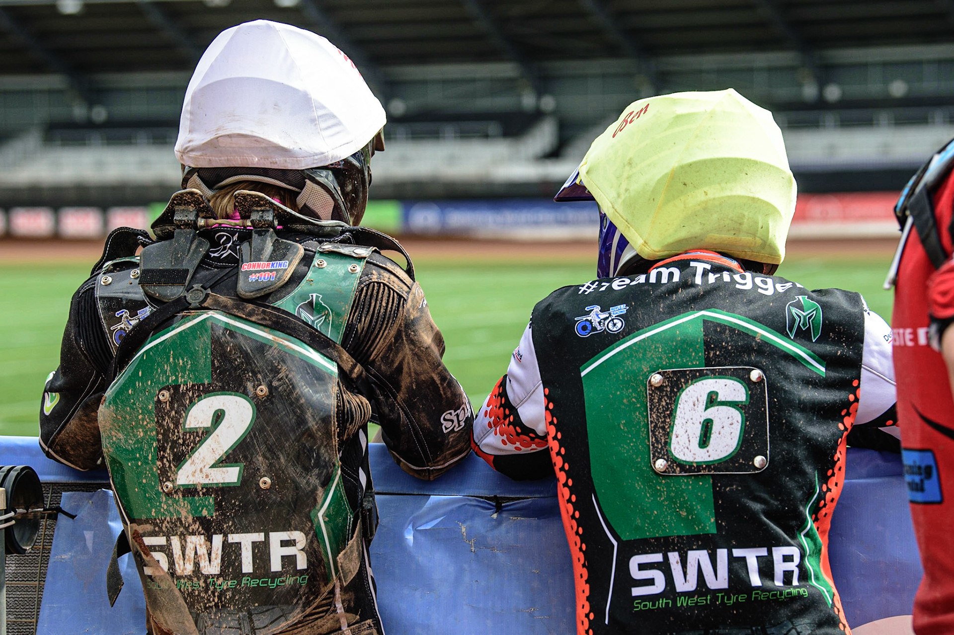 MANCHESTER, UK. APR 15TH  Connor King  (left) and Ben Trigger  watch the track prep  during the National Development League match between Belle Vue Colts and Plymouth Centurions at the National Speedway Stadium, Manchester on Friday 15th April 2022. (Credit: Ian Charles | MI News)
