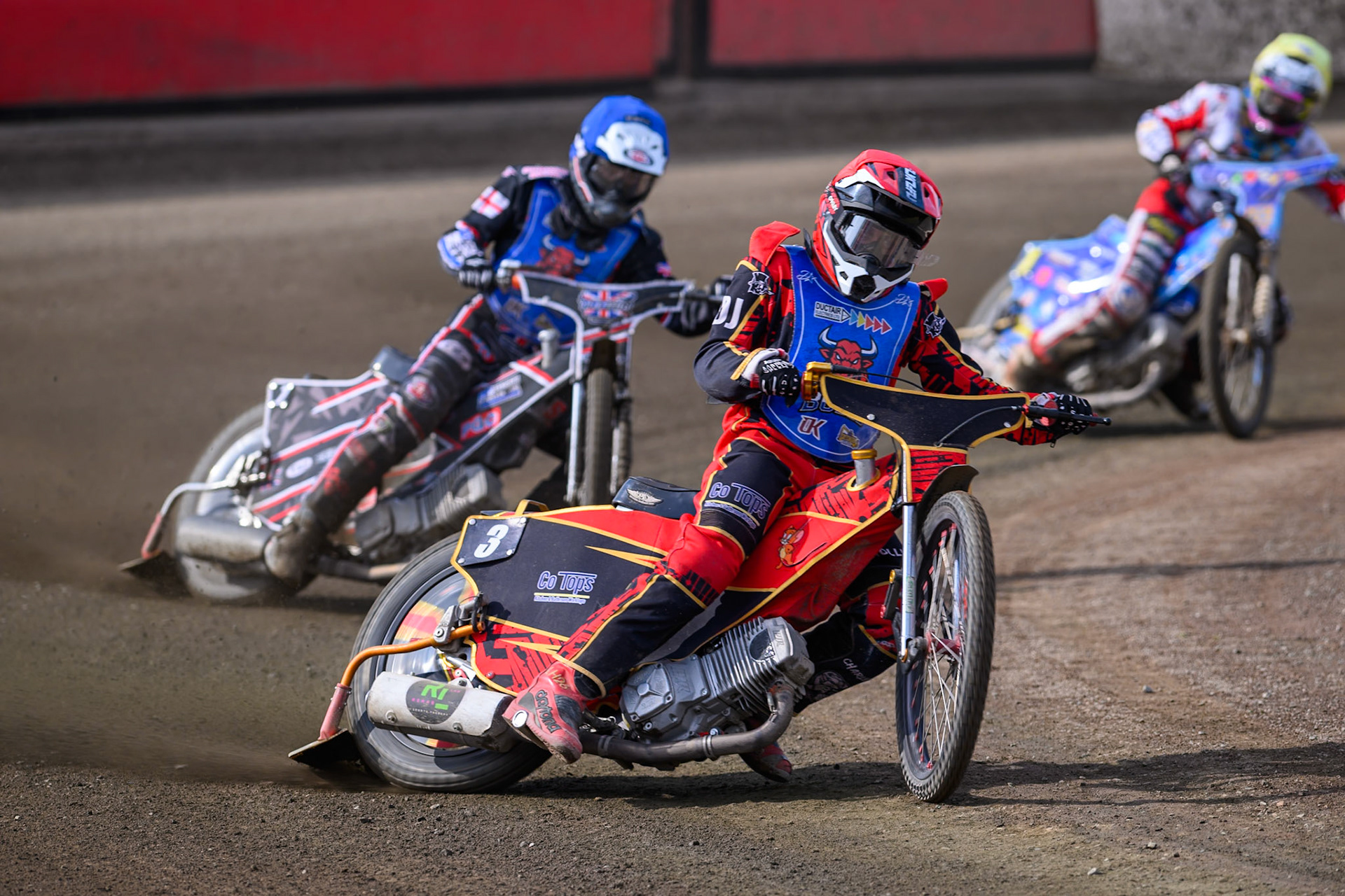 Luke Harris of Buxton Bulls in Red leading Jack Shimelt of Buxton Bulls in Blue  and Stene Pijper of Middlesborough Tigers in Yellow during the WSRA National Development League match  between Buxton Bulls and Middlesborough Tigers at Hi-Edge Speedway, Buxton on Sunday 16th August 2026. (Photo: Ian Charles | MI News)