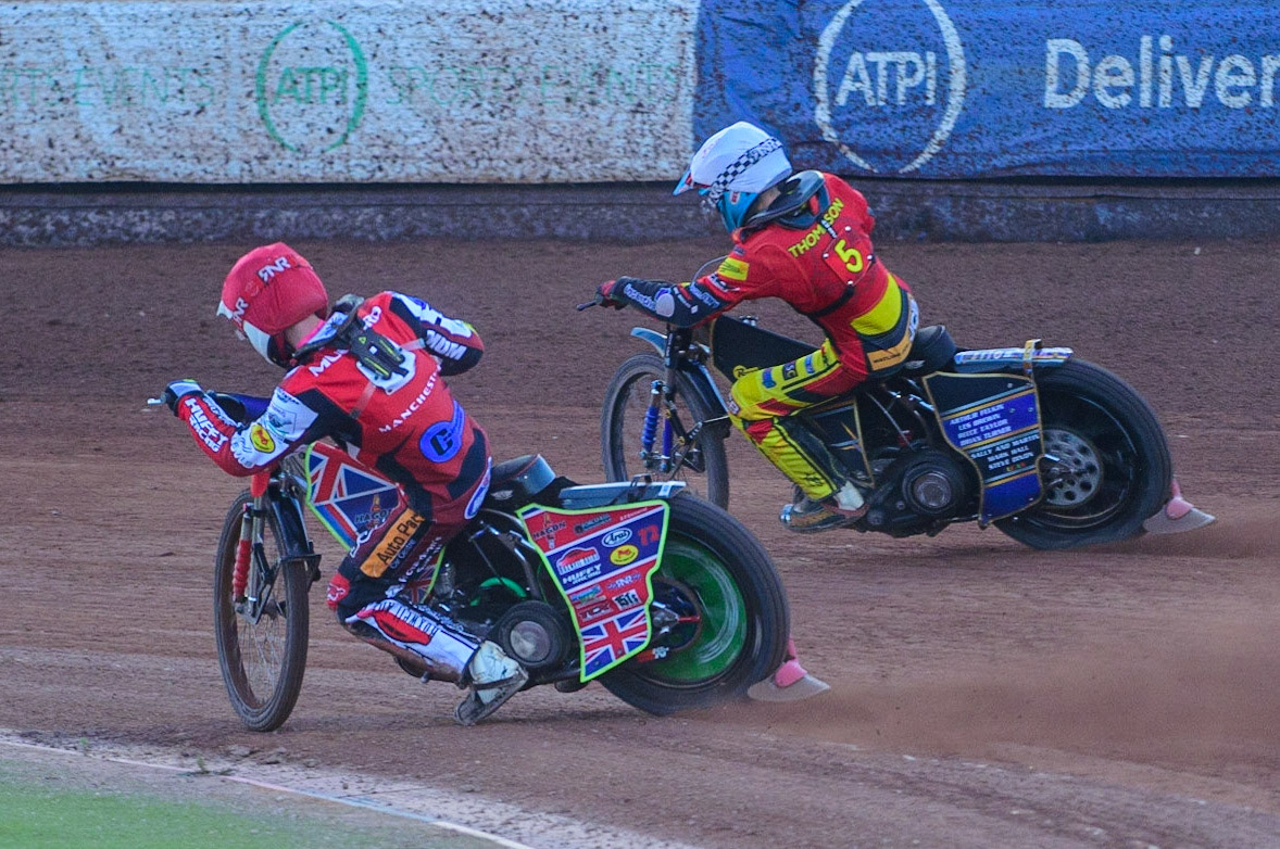 Jake Mulford  (Red) inside Joe Thompson   during the National Development League match between Belle Vue Aces and Leicester Lions at the National Speedway Stadium, Manchester on Friday 19th August 2022(White) . (Credit: Ian Charles | MI News)