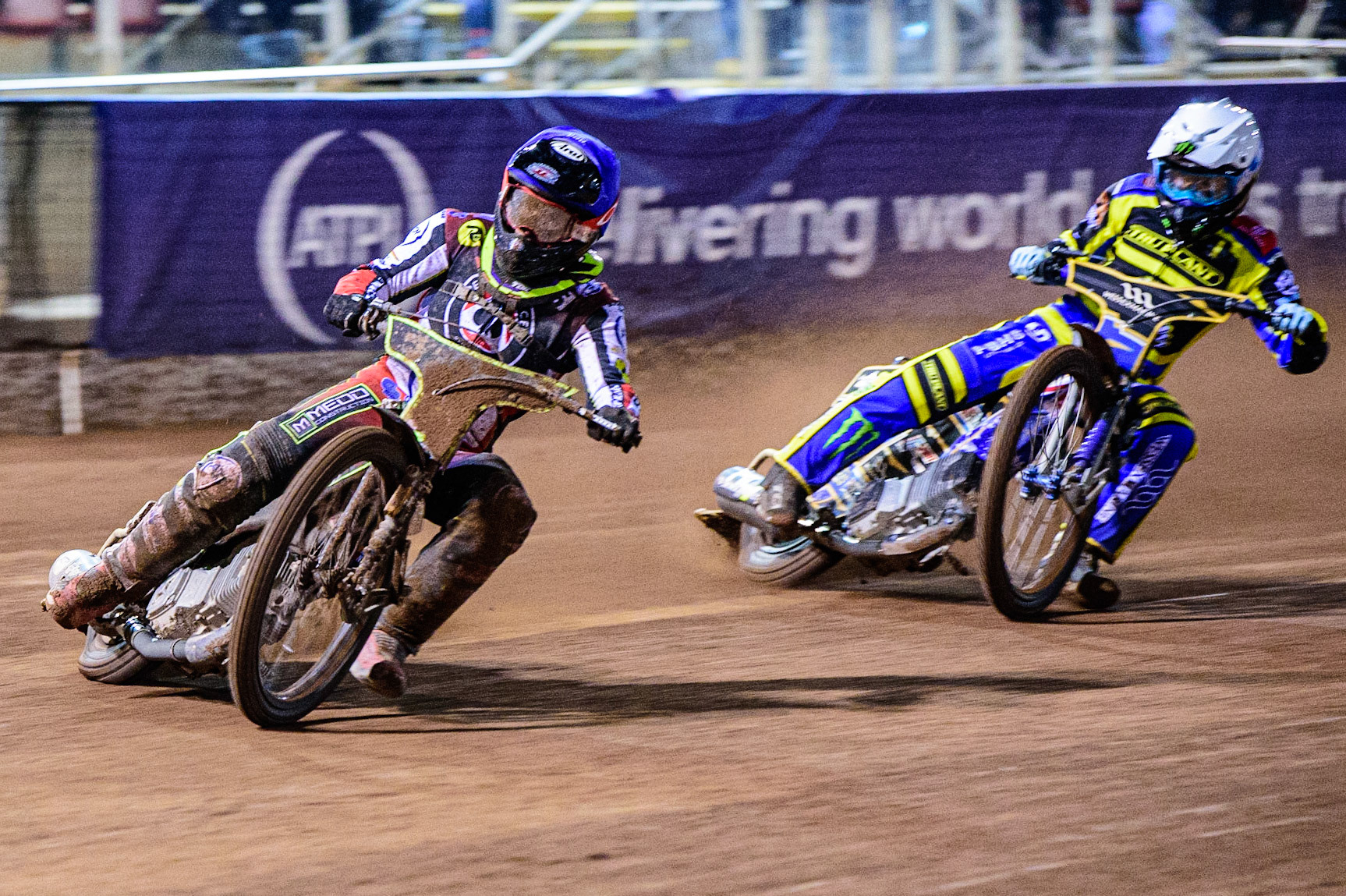 Tom Brennan  (Blue) leads Jack Holder  (White) during the SGB Premiership match between Belle Vue Aces and Sheffield Tigers at the National Speedway Stadium, Manchester on Monday 27th March 2023. (Photo: Ian Charles | MI News)