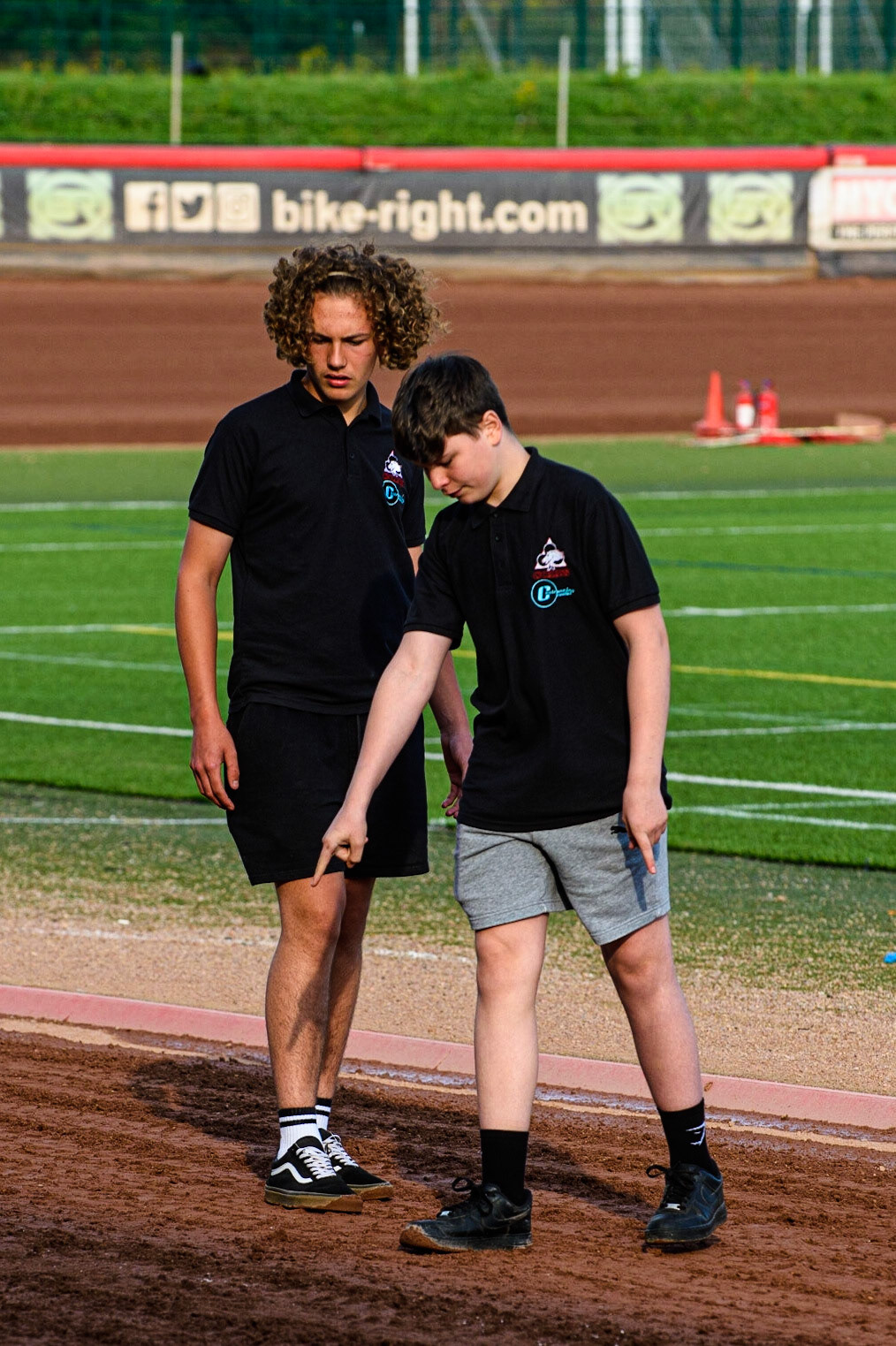 MANCHESTER, UK. JULY 23RD  Harry McGurk  (left) and brother Sam check out the starting gate positions during the National Development League match between Belle Vue Colts and Eastbourne Seagulls at the National Speedway Stadium, Manchester on Friday 23rd July 2021. (Credit: Ian Charles | MI News)