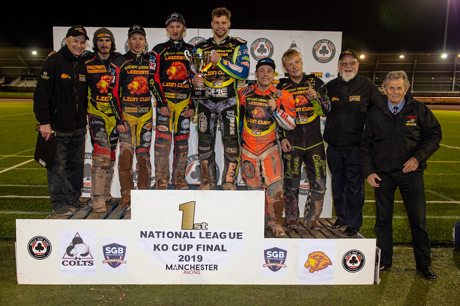 Photo: Ian Charles

Leicester Cubs riders and management with their trophy

Belle Vue Colts v Leicester Lion Cubs, SGB National League KO Cup Final (2nd Leg), Belle Vue National Speedway Stadium, Manchester, Tuesday 29  October  2019