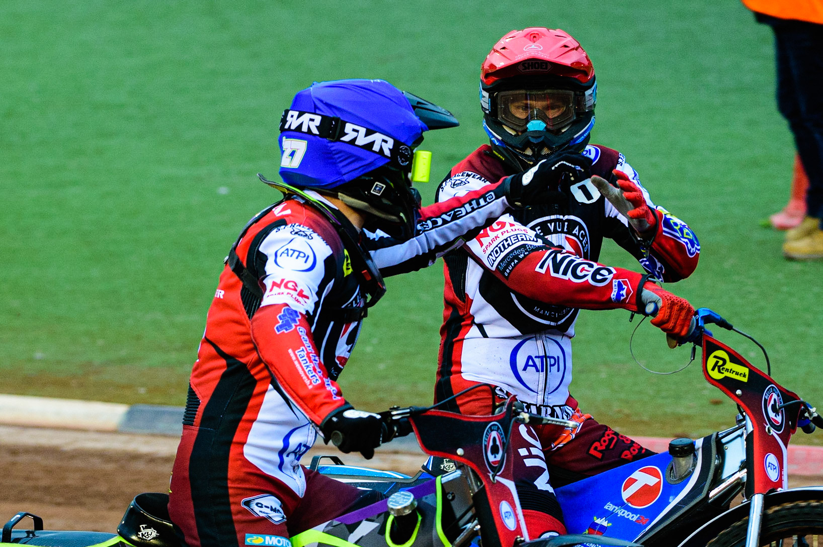 Tom Brennan (Blue) and Matej Zagar celebrate their heat win during the SGB Premiership match between Belle Vue Aces and Peterborough at the National Speedway Stadium, Manchester on Monday 25th July 2022. (Credit: Ian Charles | MI News