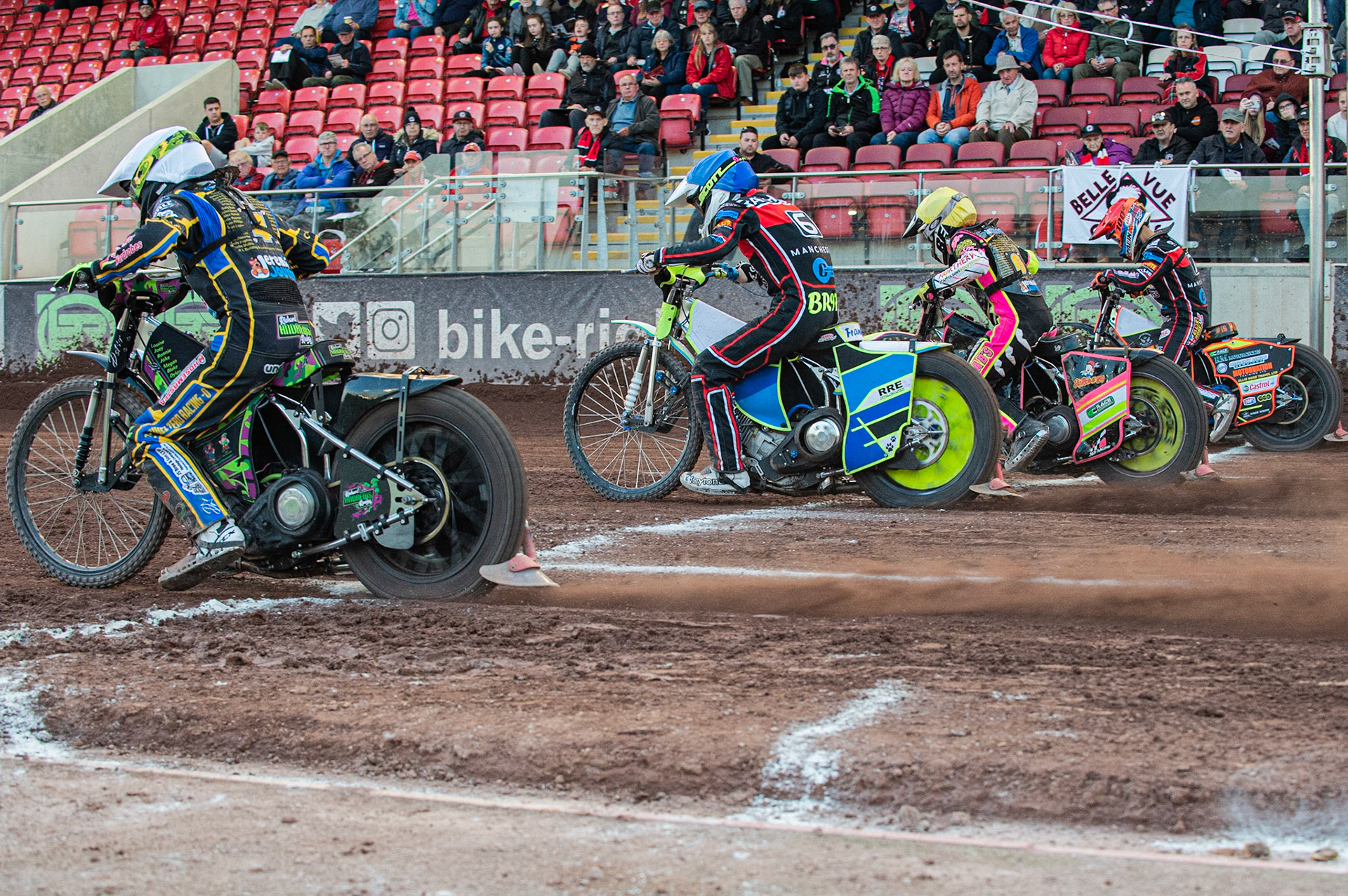 Photo: Ian Charles

(l-r) Richard Andrews (White), Ben Rathbone  (Blue), Sheldon Davies  (Yellow) and Jordan Palin (Red) leave the start in heat 14

Belle Vue Colts v Plymouth Gladiators National League, Belle Vue National Speedway Stadium, Manchester, Thursday 23  May  2019