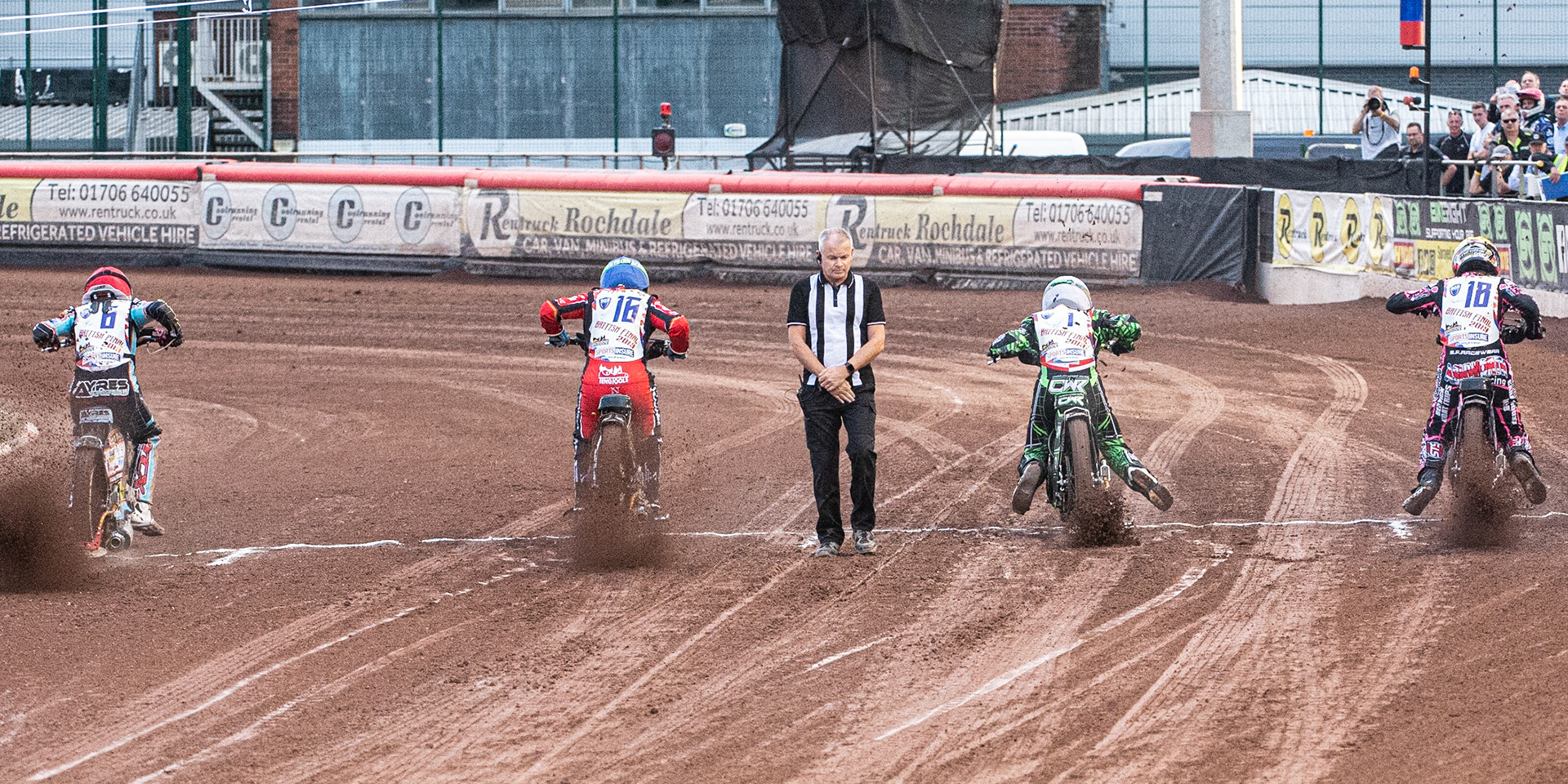 Photo: Ian Charles

The start of Heat 9 with (l-r) Danny Ayres (Red) Scott Nicholls (Blue) Charles Wright (White) and Kyle Bickley (Yellow)

Sports Insure British Final,  Belle Vue National Speedway Stadium, Manchester Monday 29  July  2019