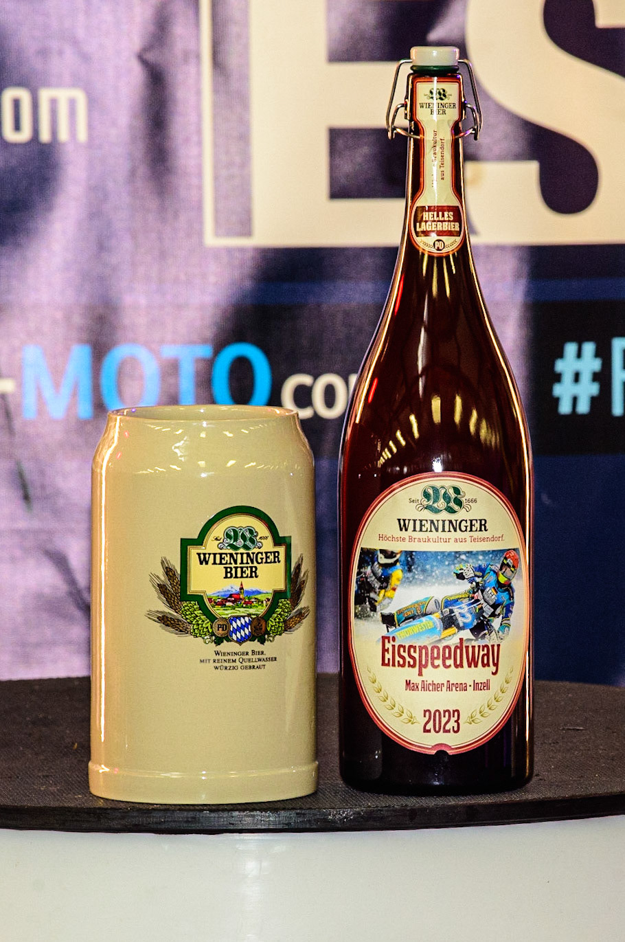 One of the sponsors , Wieninger Beer, gave these special bottles and Steins to the top 3 in the World Championship during the Ice Speedway Gladiators World Championship Final 2 at Max-Aicher-Arena, Inzell, Germany on Sunday 19th March 2023. (Photo: Ian Charles | MI News)