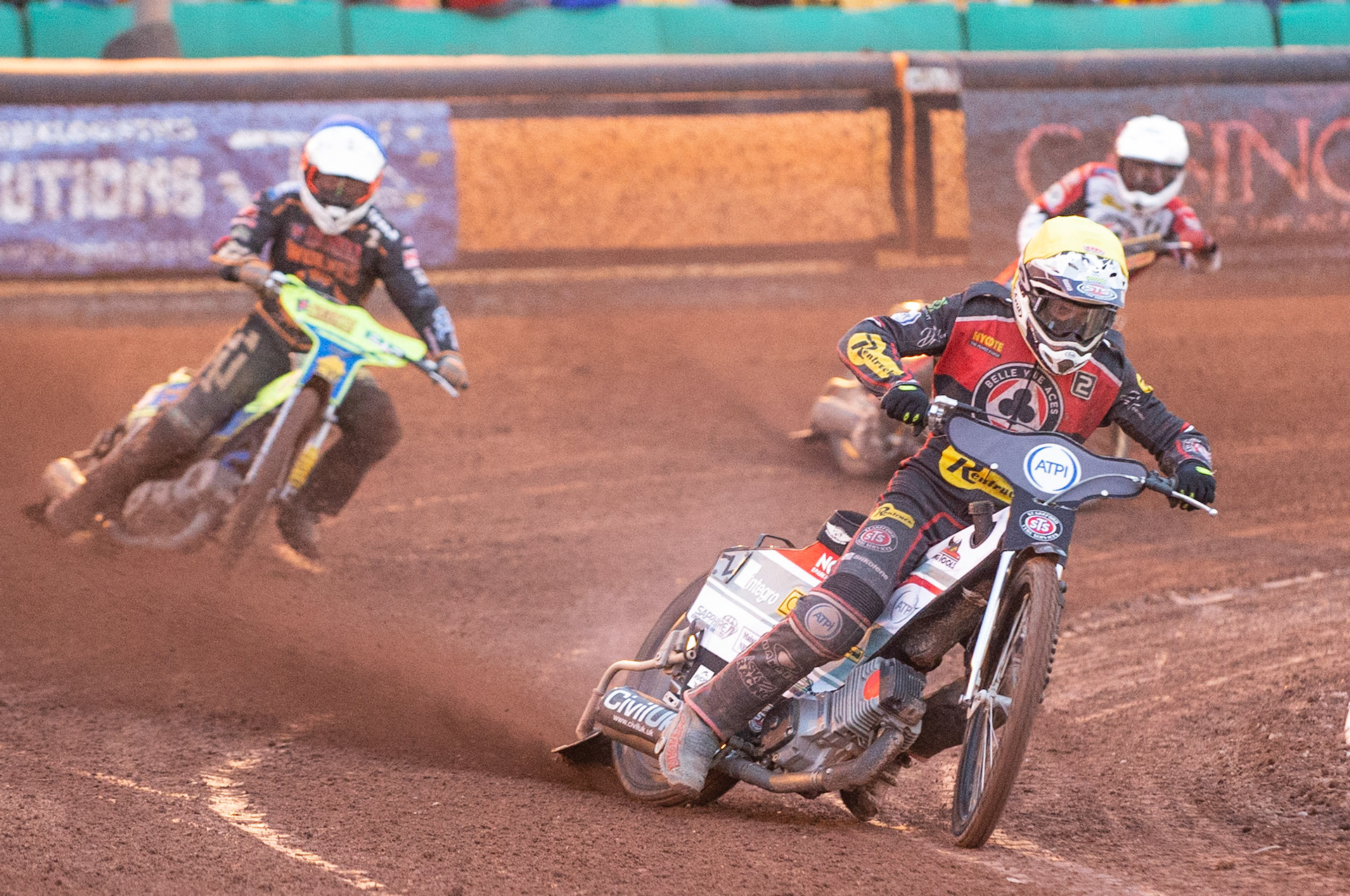 Photo by Ian Charles:

Steve Worrall  (Yellow) leads Kyle Howarth (Blue) and Max Fricke  (White)

Wolverhampton Wolves v Belle Vue Aces, British Speedway Premiership 22 April 2019