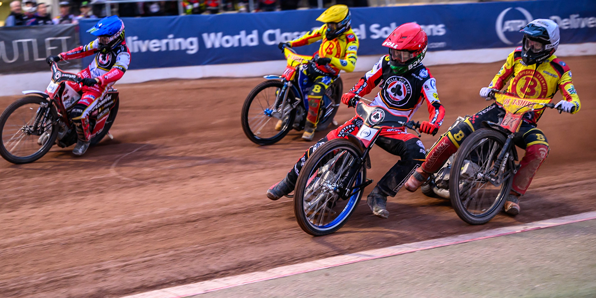 Belle Vue Aces' Brady Kurtz  in Red on the inside with Birmingham Brummies' Tobias Musielak  in White , Birmingham Brummies' Matej Zagar  in Yellow and Belle Vue Aces' Dan Bewley  in Blue during the Rowe Motor Oil Premiership match between Belle Vue Aces and Birmingham Brummies at the National Speedway Stadium, Manchester on Monday 7th July 2025. (Photo: Ian Charles | MI News)