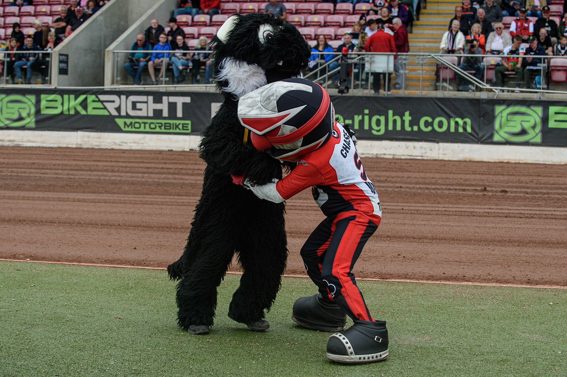MANCHESTER, UK. AUGUST 30TH The Mascots pretend to fight before the meeting to amuse the fans during the SGB Premiership match between Belle Vue Aces and Wolverhampton Wolves at the National Speedway Stadium, Manchester on Monday 30th August 2021. (Credit: Ian Charles | MI News)