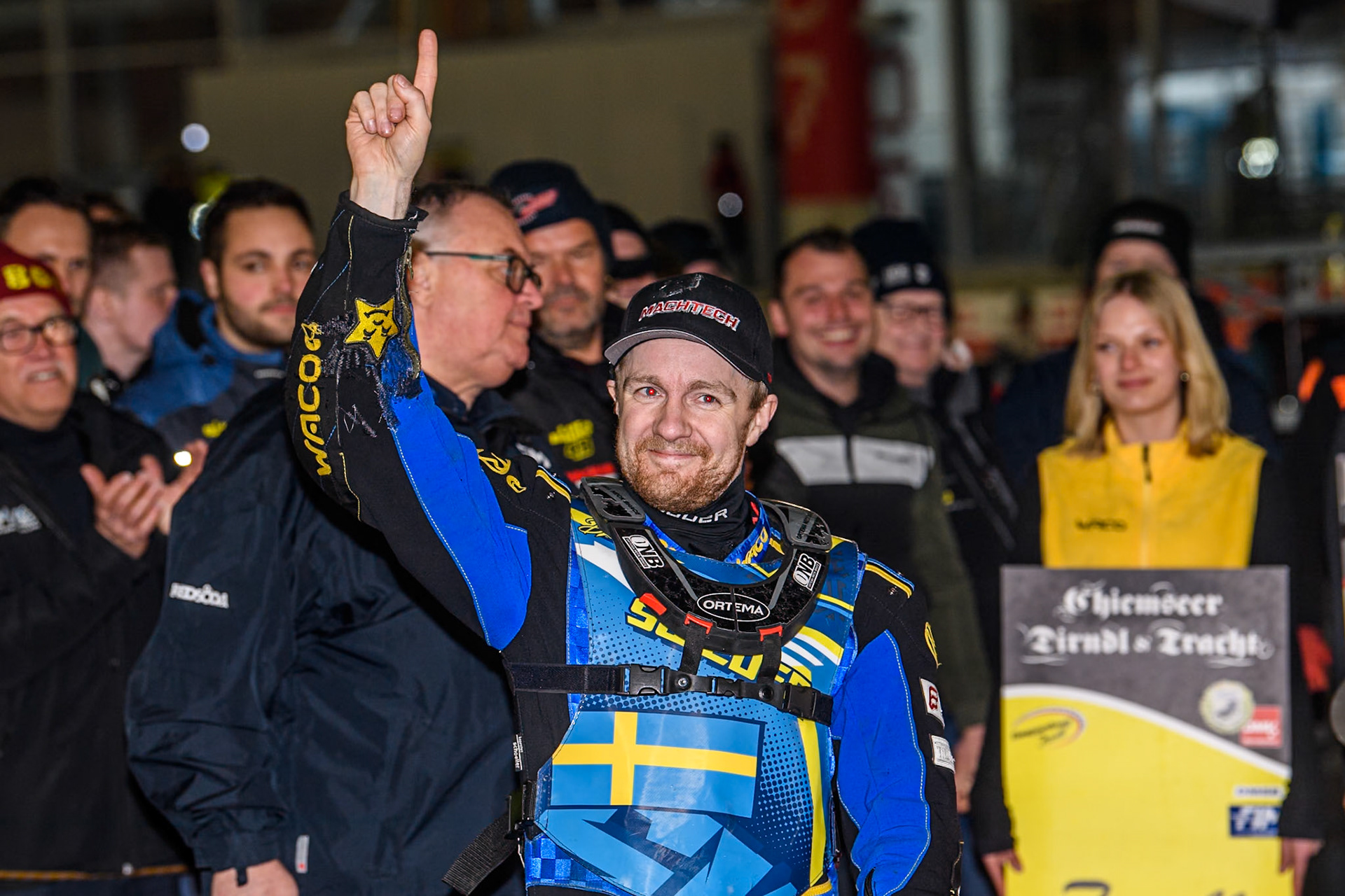 Martin Haarahiltunen (199) of Sweden celebrates his win during the Ice Speedway Gladiators World Championship Final 2 at Max-Aicher-Arena, Inzell on Sunday 16th March 2025. (Photo: Ian Charles | MI News)