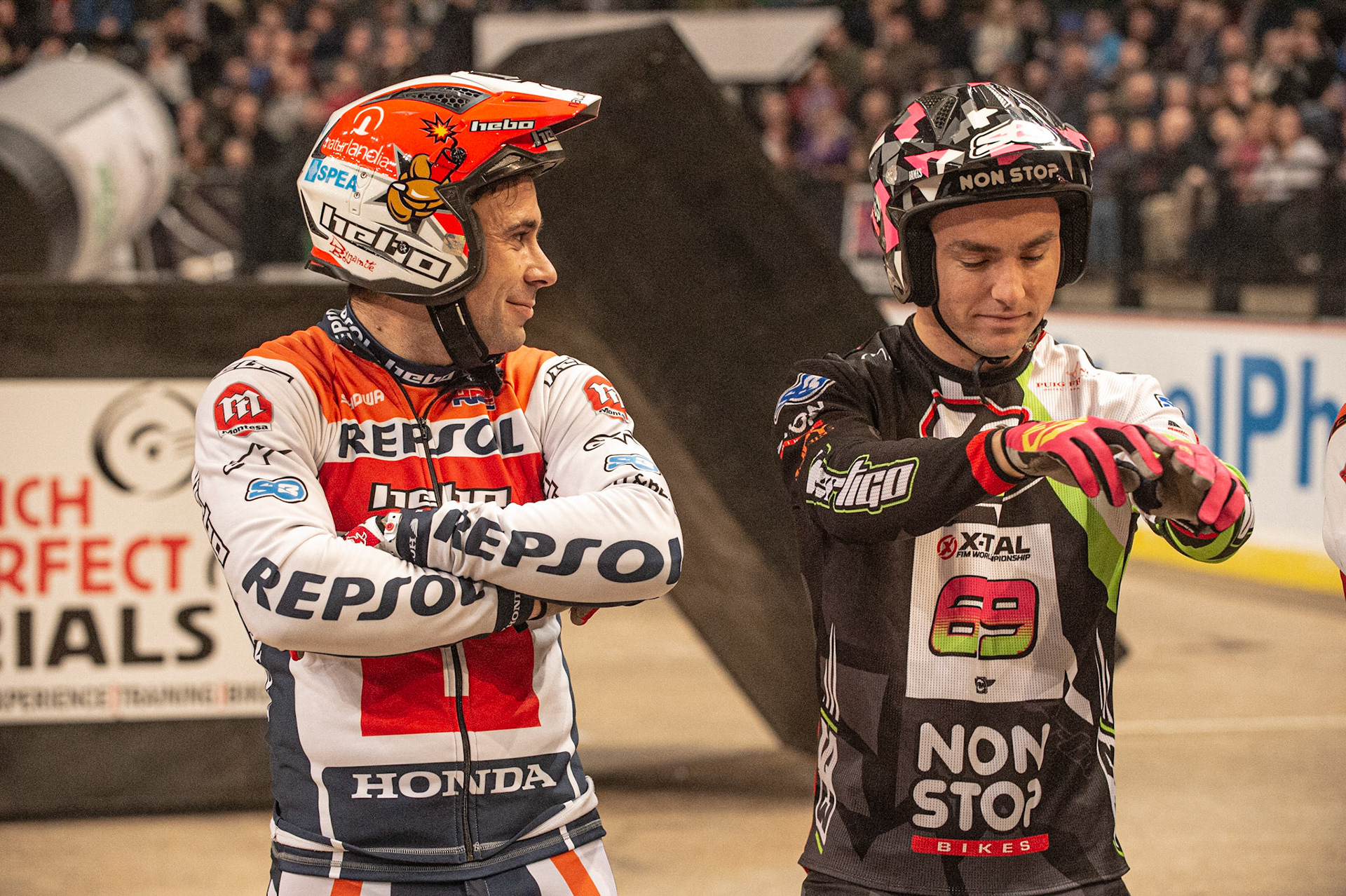 SHEFFIELD, ENGLAND  - DECEMBER 28TH  Tony Bou, Spain (Montessa) (left) listens to Jamie Busto, Spain (Vertigo)  during the 25th Anniversary Sheffield Indoor Trial at the FlyDSA Arena, Sheffield on Saturday 28th December 2019. (Credit: Ian Charles | MI News)
