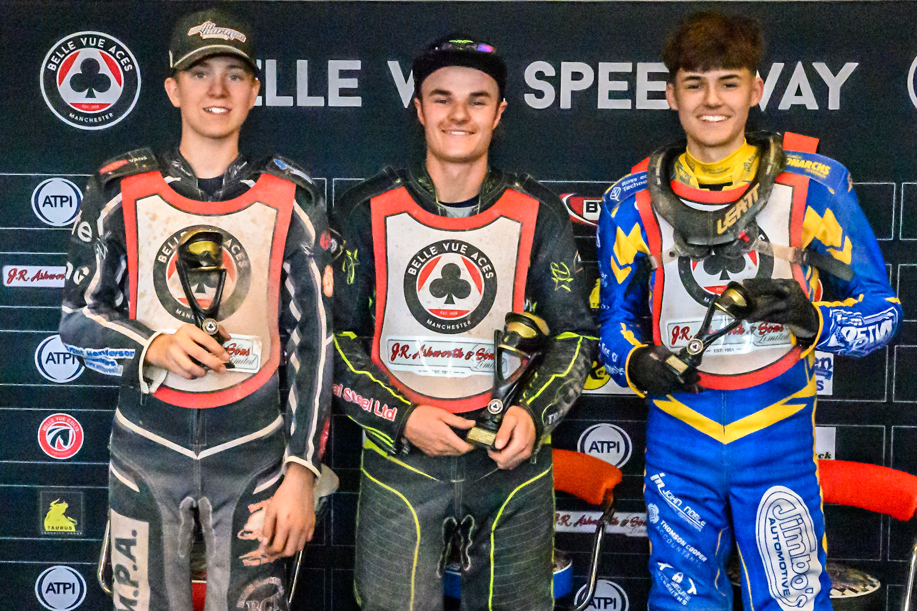 COLTS ACADEMY INDIVIDUAL EVENT TOP 3: (L to R) Seth Norman (2nd), Ben Whalley (1st), Jordy Loftus (3rd) during the JR Ashworth &amp; Sons Colts Academy Event at the National Speedway Stadium, Manchester on Sunday 19th July 2026. (Photo: Ian Charles | MI News)