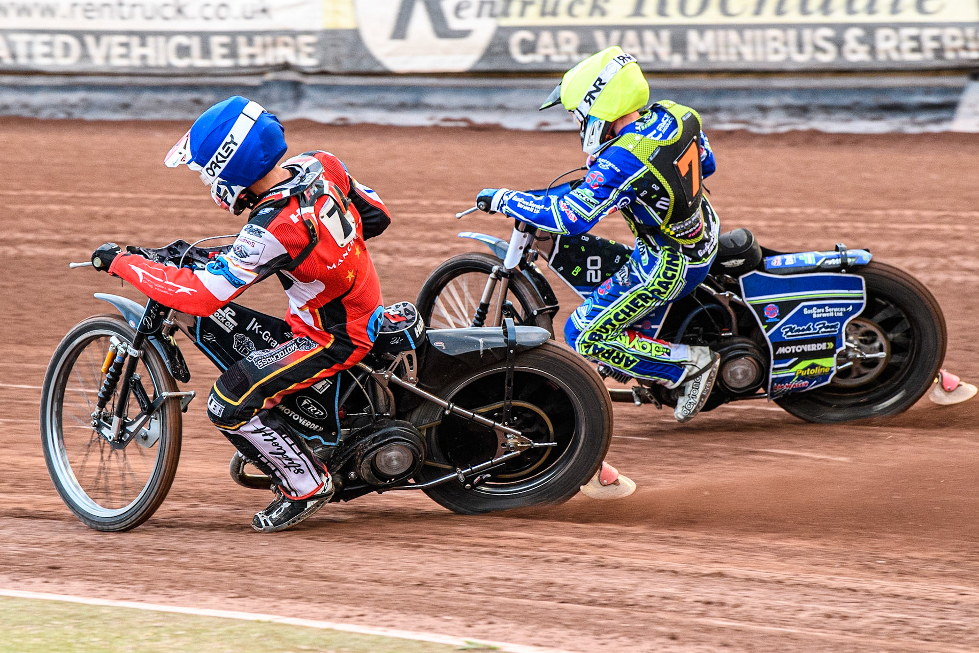 Freddy Hodder (Blue) inside Arran Butcher (Yellow) during the National Development League match between Belle Vue Colts and Mildenhall Fens Tigers at the National Speedway Stadium, Manchester on Friday 26th May 2023. (Photo: Ian Charles | MI News)