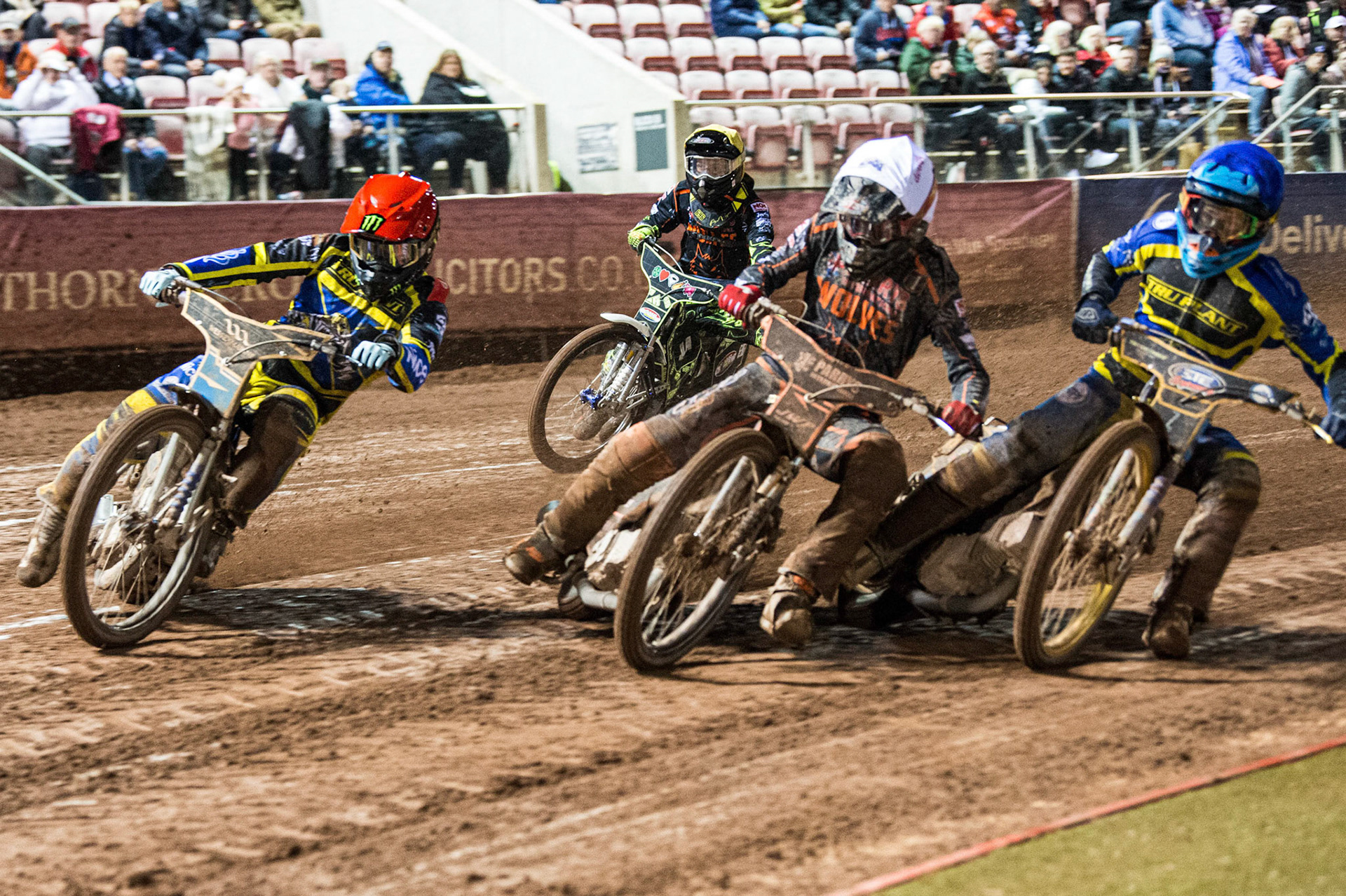 Jack Holder (Red) leads Sam Masters (White) Justin Sedgmen (Blue) with Ace Pijper (Yellow) behind  during the Grant Henderson Pairs at the National Speedway Stadium, Manchester on Thursday 27th October 2022. (Credit: Ian Charles | MI NEWS)