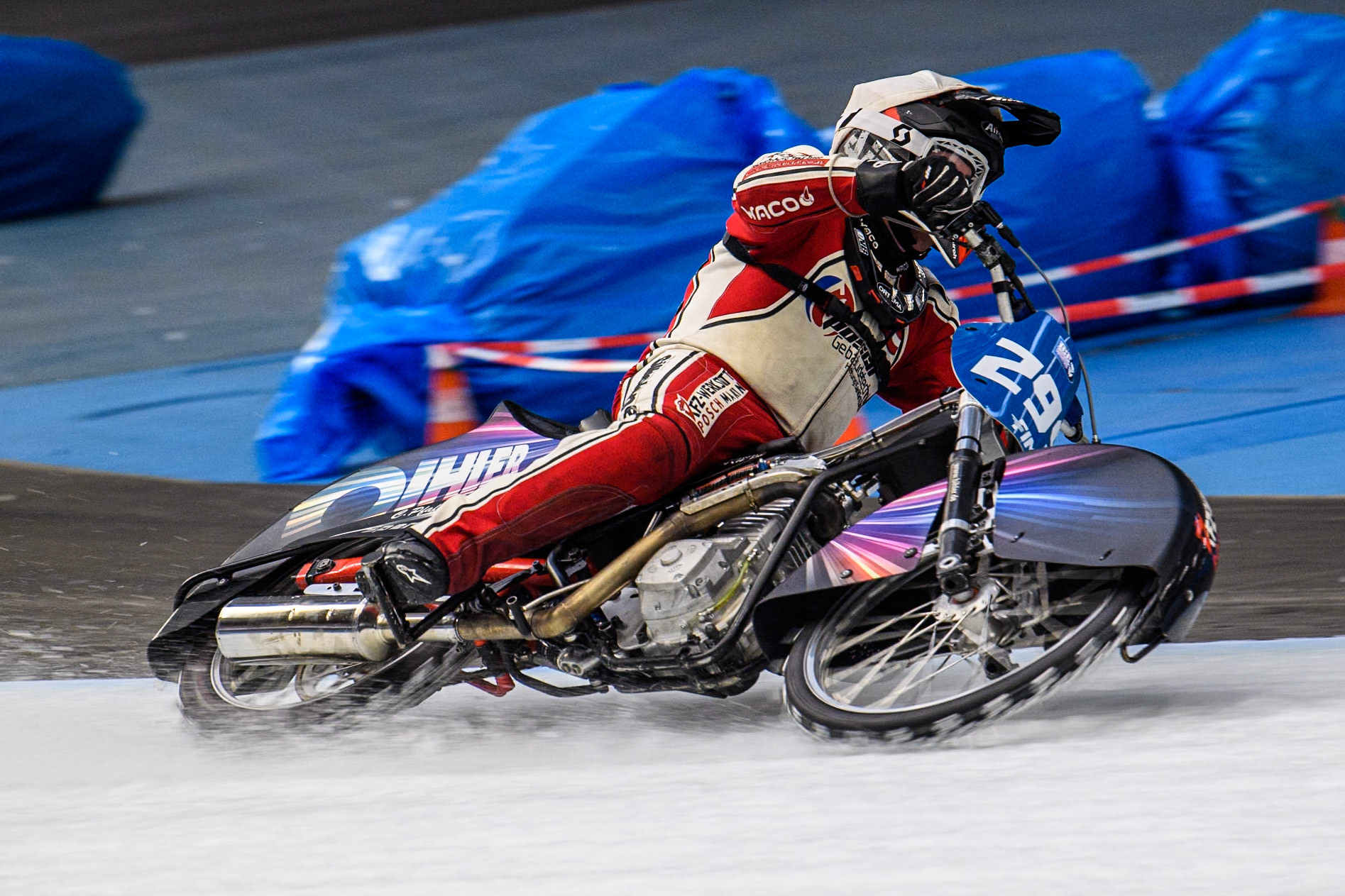 Martin Posch (299) of Austria in action during practice for  the Ice Speedway Gladiators World Championship Finals 1 &amp; 2 at Max-Aicher-Arena, Inzell on Friday 14th March 2025. (Photo: Ian Charles | MI News)