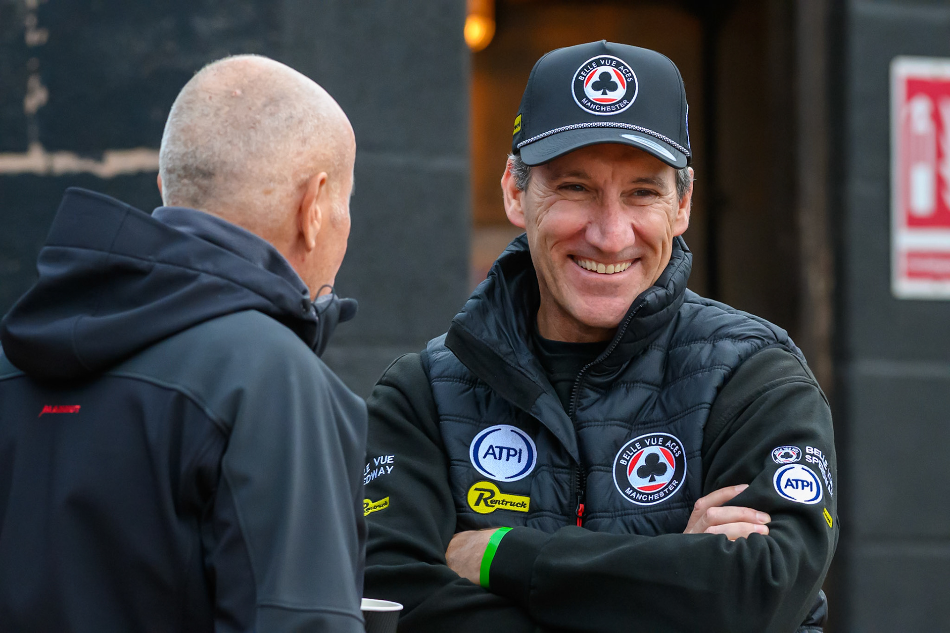 Mark Lemon, Team Manager of Belle Vue Aces  (Right) chats with Speedway Control Bureau Manager Jim Lawrence during the Rowe Motor Oil Premiership match between Leicester Lions and Belle Vue Aces at the Hydroscan Arena, Leicester on Monday 7th September 2026. (Photo: Ian Charles | MI News)