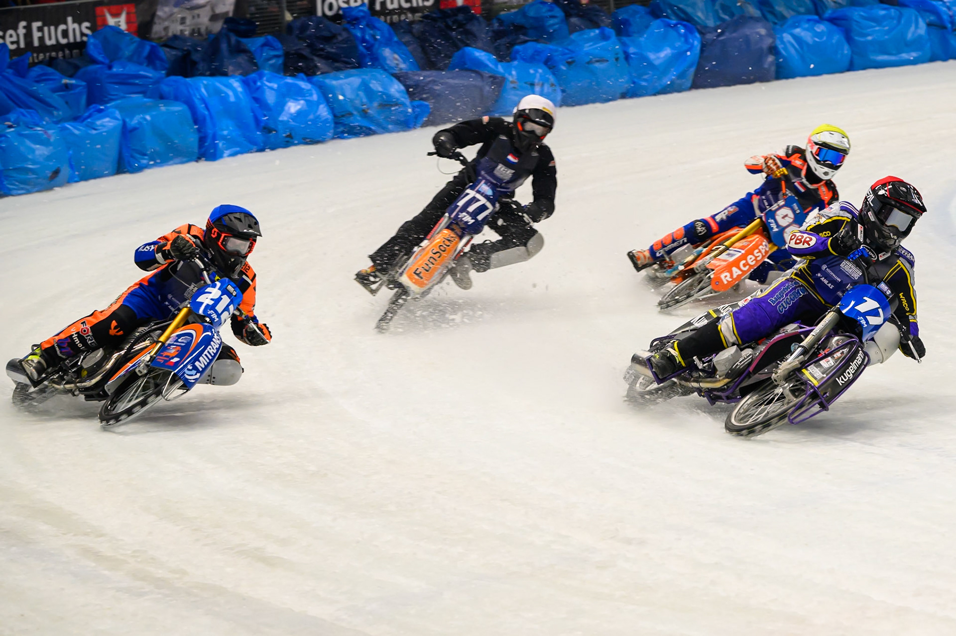 Reserve Christoph Kirchner (17) of Germany  in Red leading Lukas Hutla (212) of Czechia in Blue, Jasper Iwema (800) of The Netherlands in Yellow and Leon Kramer (777) of The Netherlands in White during the Ice Speedway Gladiators World Championship Final 2 at Max-Aicher-Arena, Inzell on Sunday 15th March 2026. (Photo: Ian Charles | MI News)