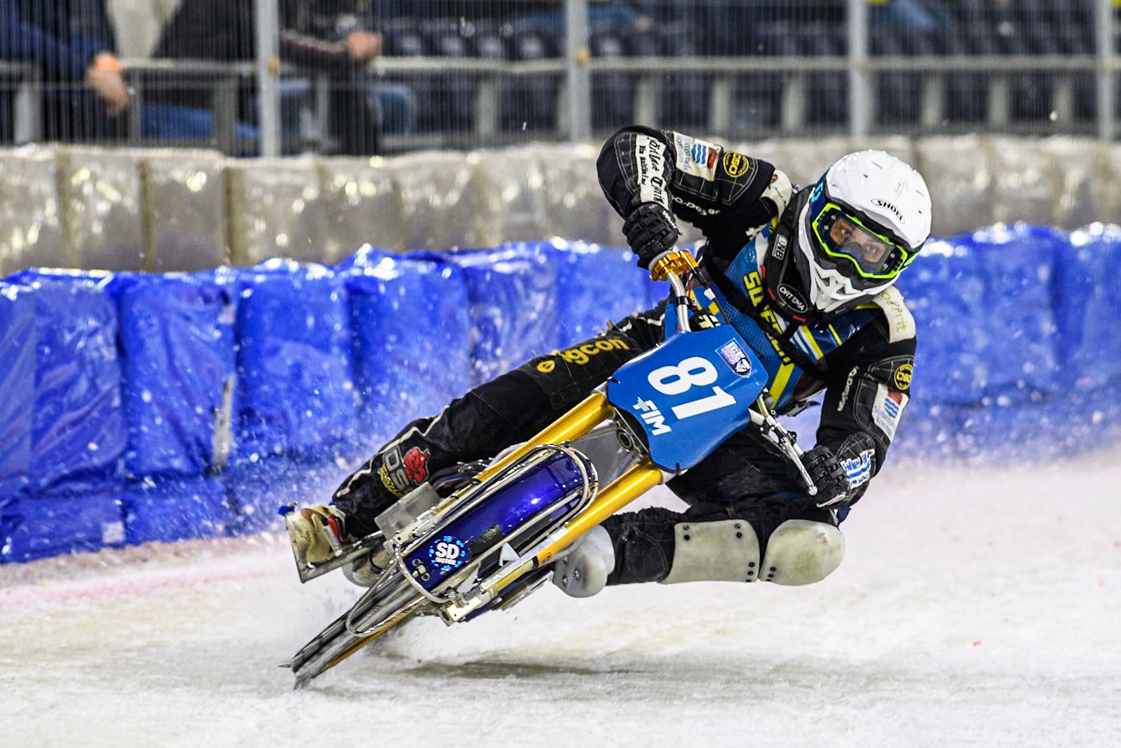 Sweden"s Jimmy Olsén (81) in action during the FIM Ice Speedway Gladiators World Championship Final 3 at Ice Rink Thialf, Heerenveen on Saturday 6th April 2024. (Photo: Ian Charles | MI News)