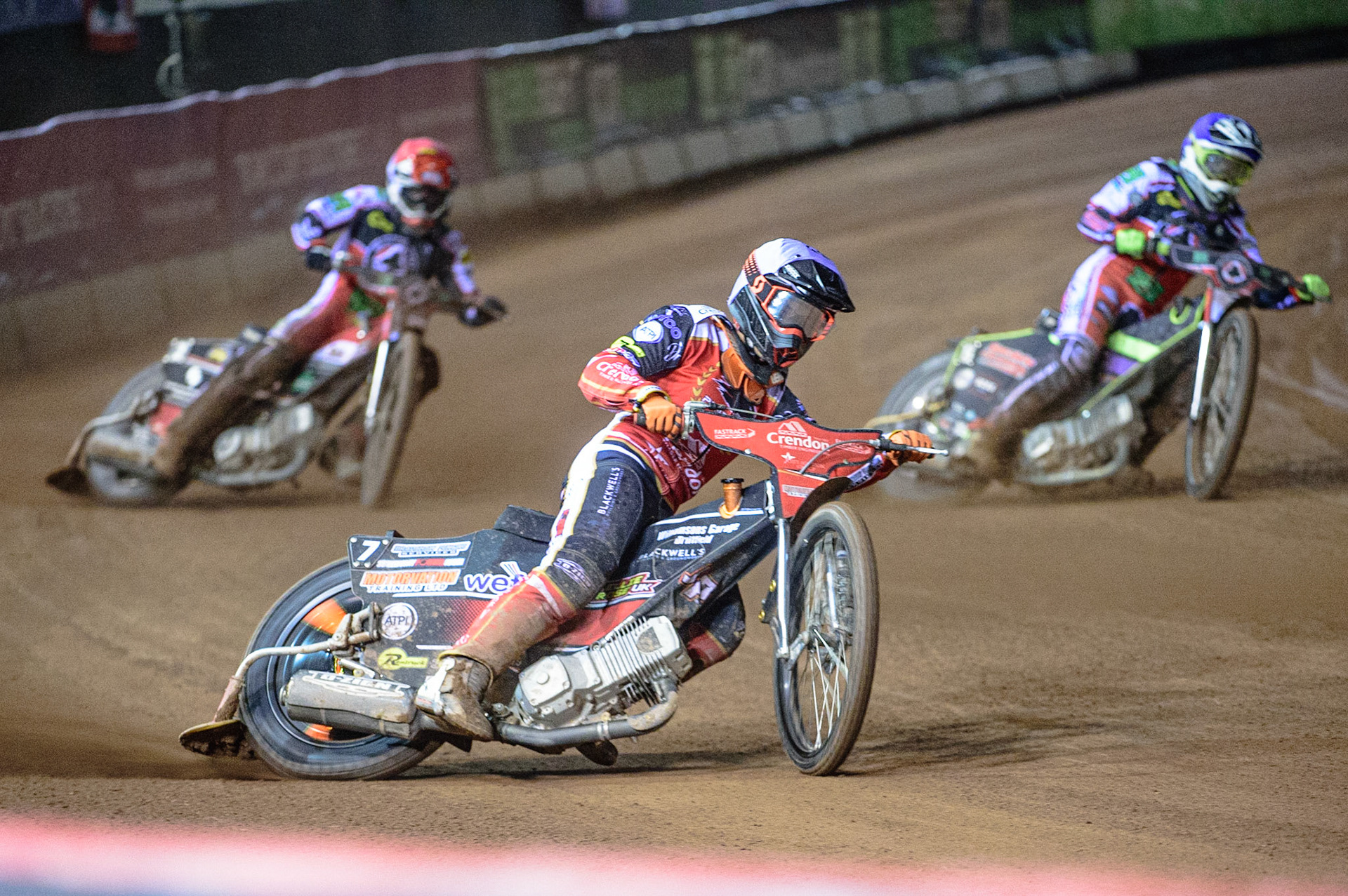 MANCHESTER, UK. OCT 11TH  Jordan Palin  (White) leads Richie Worrall  (Red) and Tom Brennan  (Blue) during the SGB Premiership Grand Final 1st Leg between Belle Vue Aces and Peterborough Panthers at the National Speedway Stadium, Manchester on Monday 11th October 2021. (Credit: Ian Charles | MI News)