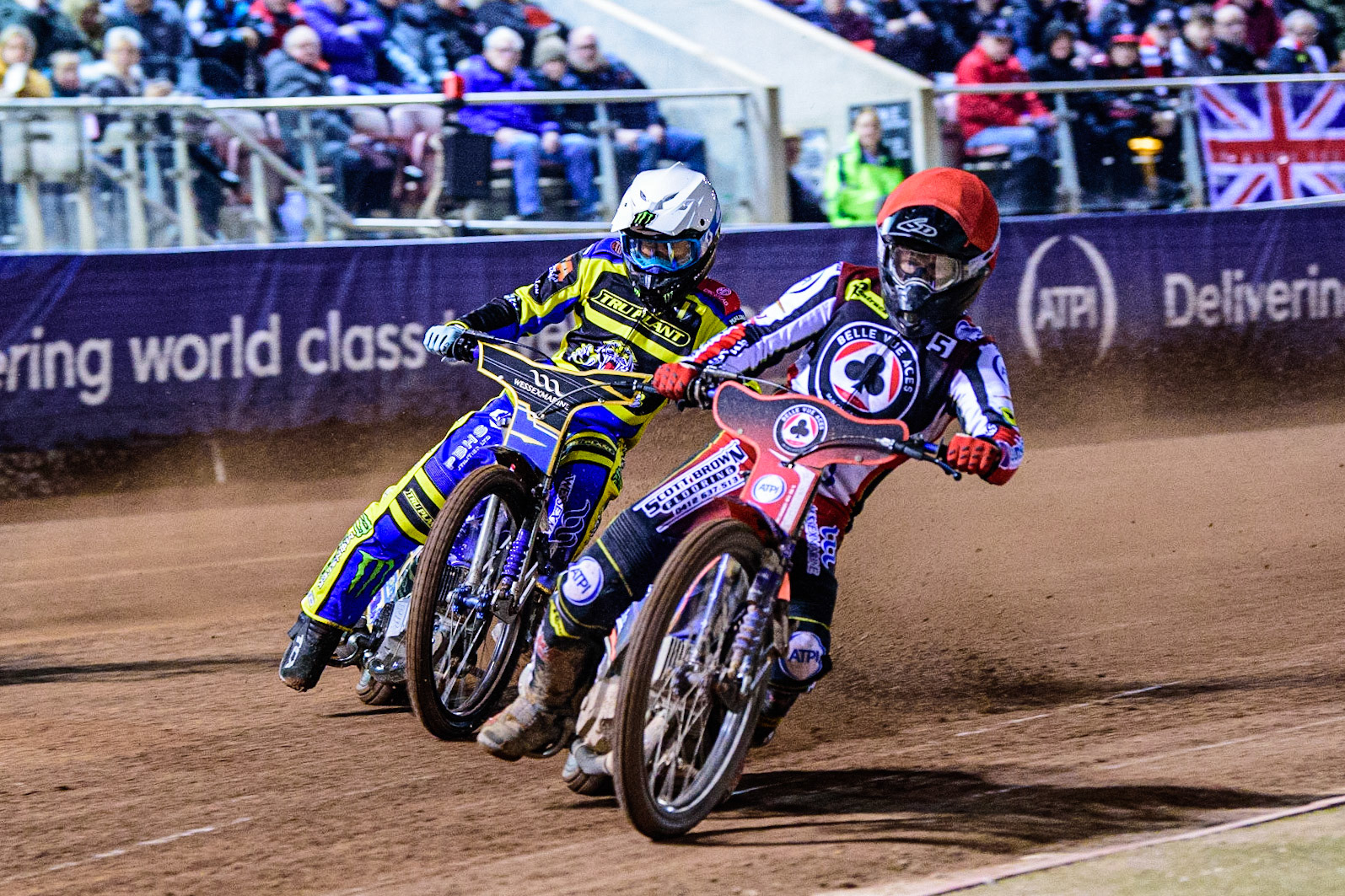 Brady Kurtz  (Red) inside Jack Holder  (White) during the SGB Premiership match between Belle Vue Aces and Sheffield Tigers at the National Speedway Stadium, Manchester on Monday 27th March 2023. (Photo: Ian Charles | MI News)