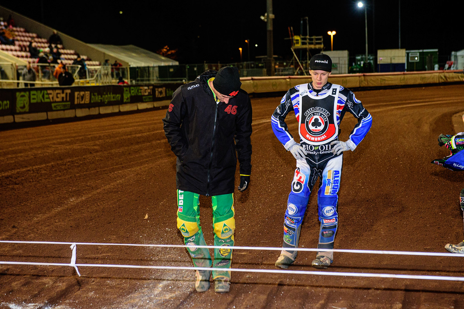 MANCHESTER, UK. OCT 23RD  Finalists Max Fricke  (left) and Dan Bewley  check the gates out for the final during the Peter Craven Memorial Trophy event at the National Speedway Stadium, Manchester on Saturday 23rd October 2021. (Credit: Ian Charles | MI News)