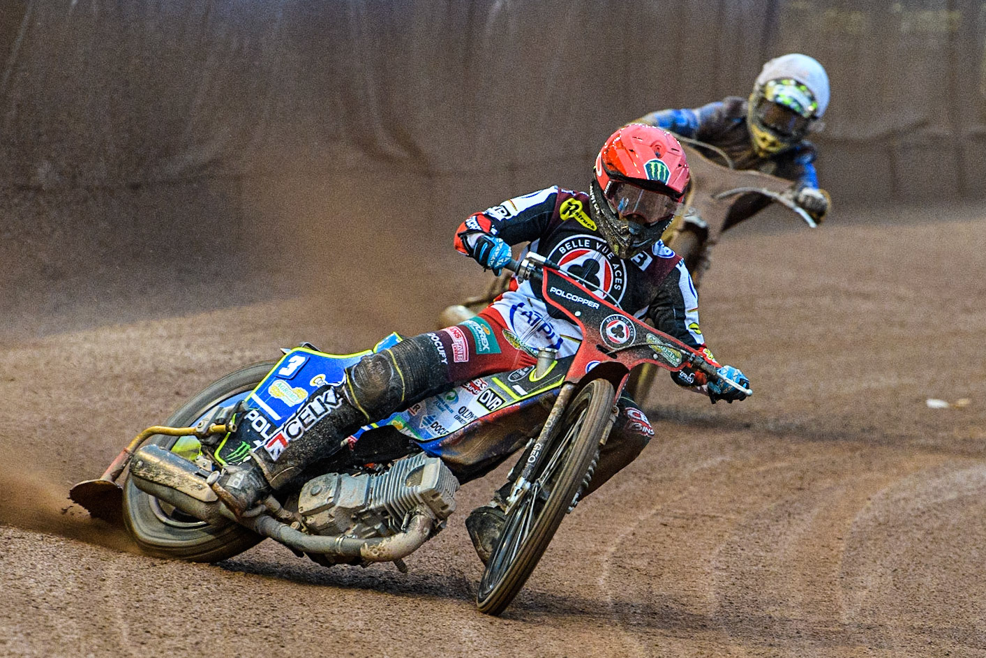 Jaimon Lidsey (Red) leads Artem Laguta (White) during the Sports Insure Premiership match between Belle Vue Aces and King's Lynn Stars at the National Speedway Stadium, Manchester on Monday 12th June 2023. (Photo: Ian Charles | MI News)