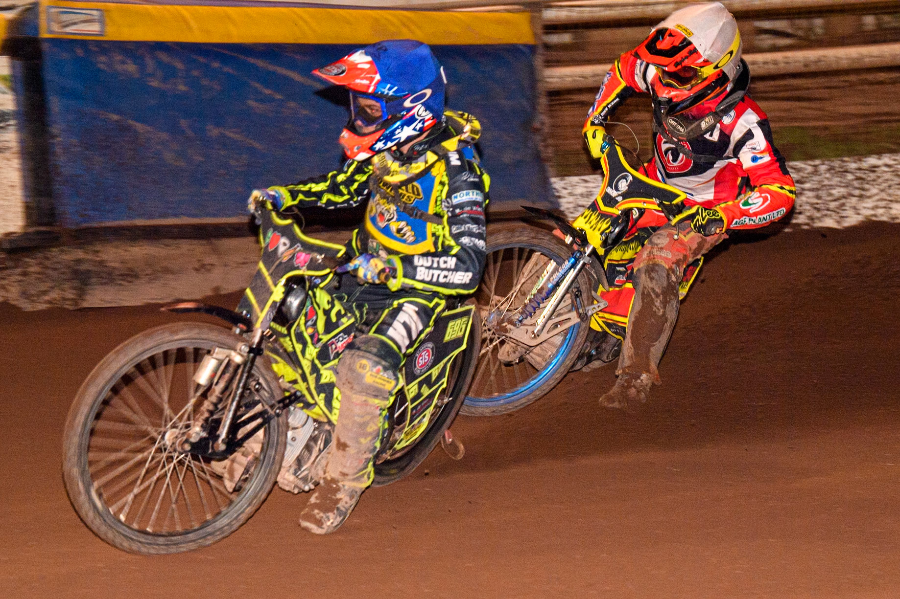 Sheffield Tiger Cubs' Ace Pijper  in Blue rides inside Belle Vue Colts' Guest Rider Max James  in White during the WSRA National Development League match between Sheffield Tiger Cubs and Belle Vue Colts at Owlerton Stadium, Sheffield on Thursday 12th September 2024. (Photo: Ian Charles | MI News)
