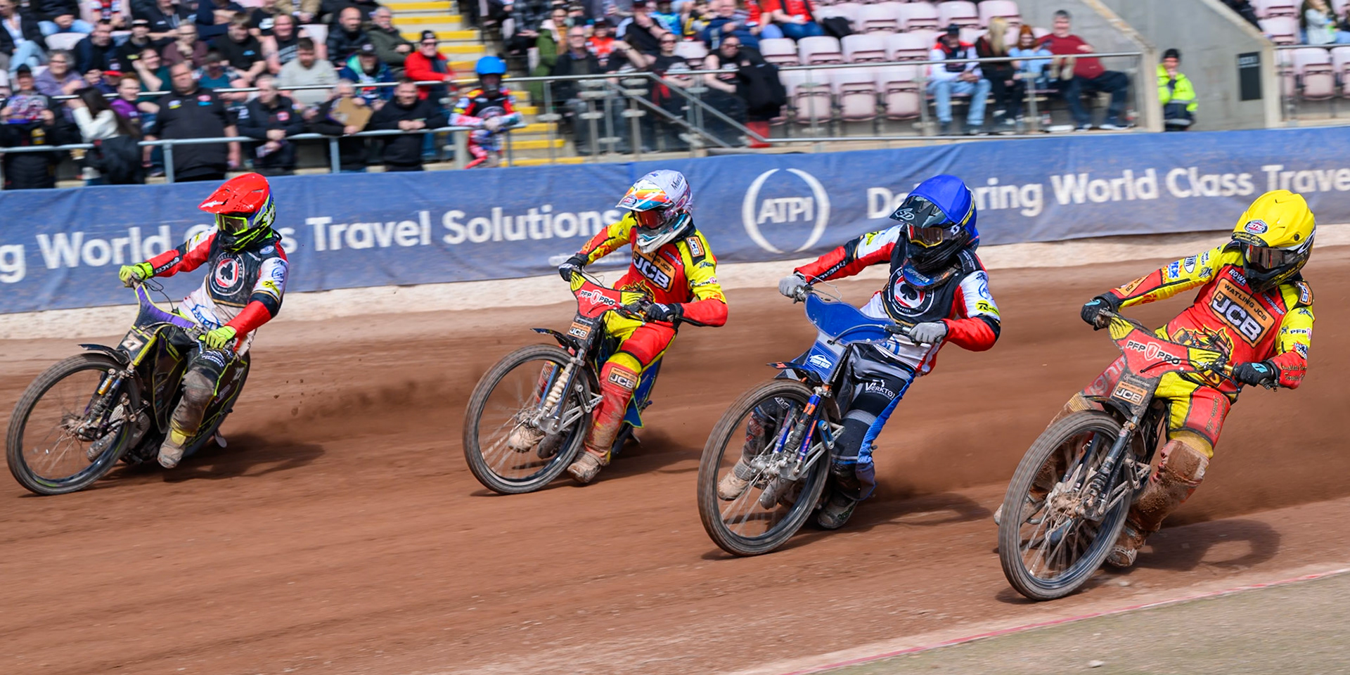 (L to R) Tom Brennan Guest Rider for Belle Vue Aces  in Red, Nick Morris of Leicester Lions in White, Jonas Jeppesen Guest Rider for Belle Vue Aces in Blue and Kyle Howarth of Leicester Lions  in Yellow during the Knockout Cup Northern Section match between Belle Vue Aces and Leicester Lions at the National Speedway Stadium, Manchester on Monday 6th April 2026. (Photo: Ian Charles | MI News)