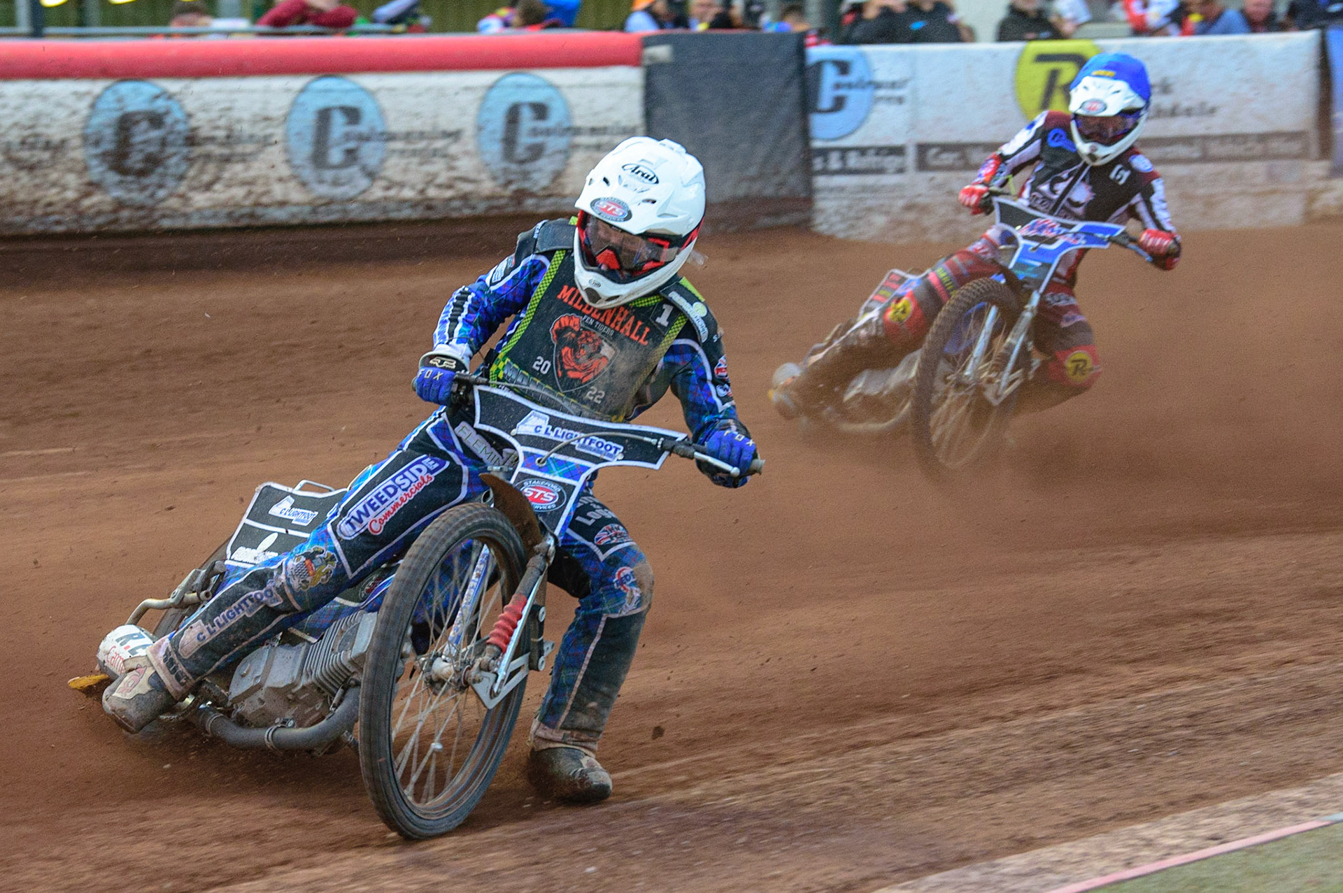 Greg Blair  (White) leads Archie Freeman  (Blue) during the National Development League match between Belle Vue Colts and Mildenhall Fens Tigers at the National Speedway Stadium, Manchester on Friday 15th July 2022. (Credit: Ian Charles | MI News)