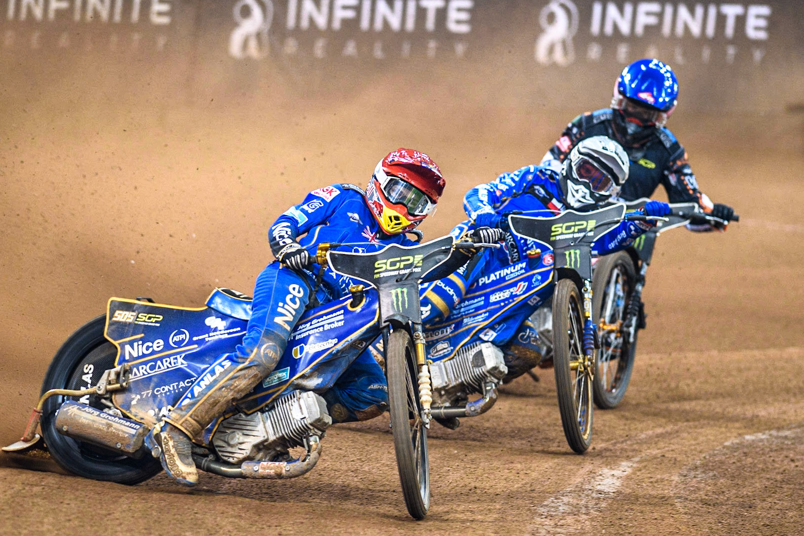 Robert Lambert (505) (Red) leads  Bartosz Zmarzlik (95) (White) and Kim Nilsson (233) (Blue)  during the FIM Speedway Grand Prix of Great Britain at the Principality Stadium, Cardiff on Saturday 2nd September 2023. (Photo: Ian Charles | MI News)