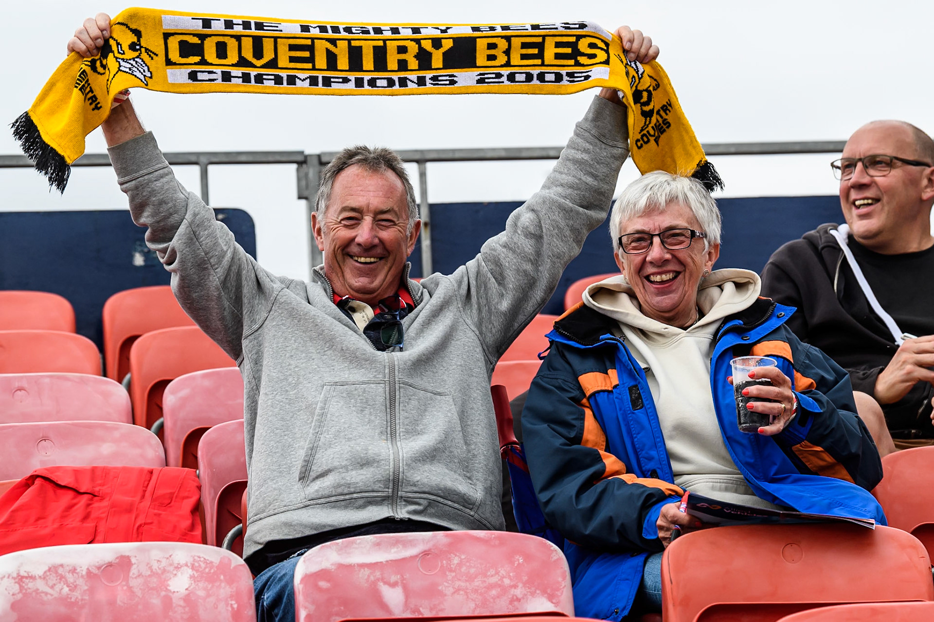 Two Coventry fans who made the journey up to Glasgow during the FIM SGP2 Qualifying Round at the Peugeot Ashfield Stadium in Glasgow on Saturday 24th May 2025. (Photo: Ian Charles | MI News)