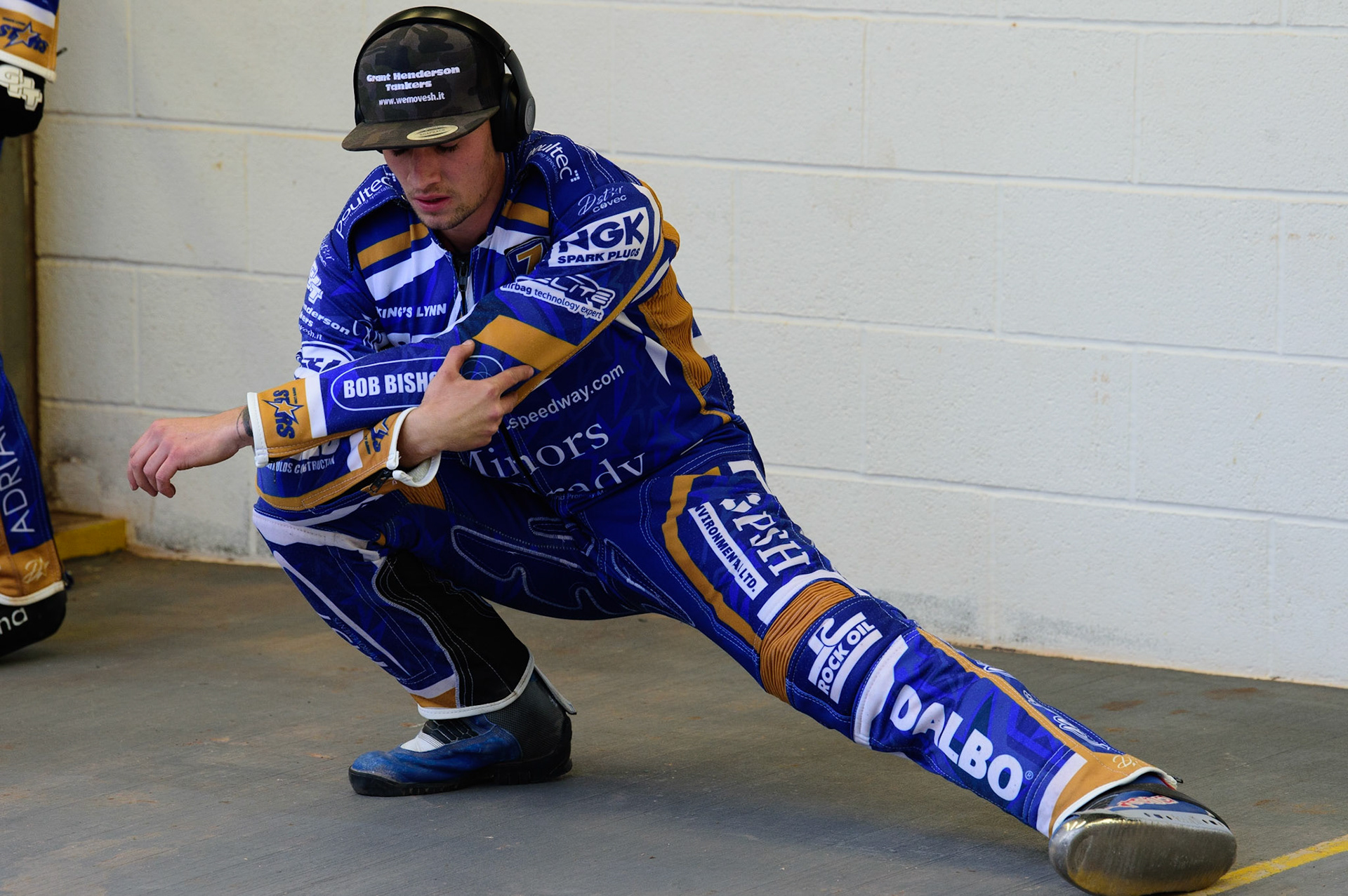 MANCHESTER, UK. MAY 16TH Jack Thomas  does some stretching exercises  during the SGB Premiership match between Belle Vue Aces and King's Lynn Stars at the National Speedway Stadium, Manchester on Monday 16th May 2022. (Credit: Ian Charles | MI News)