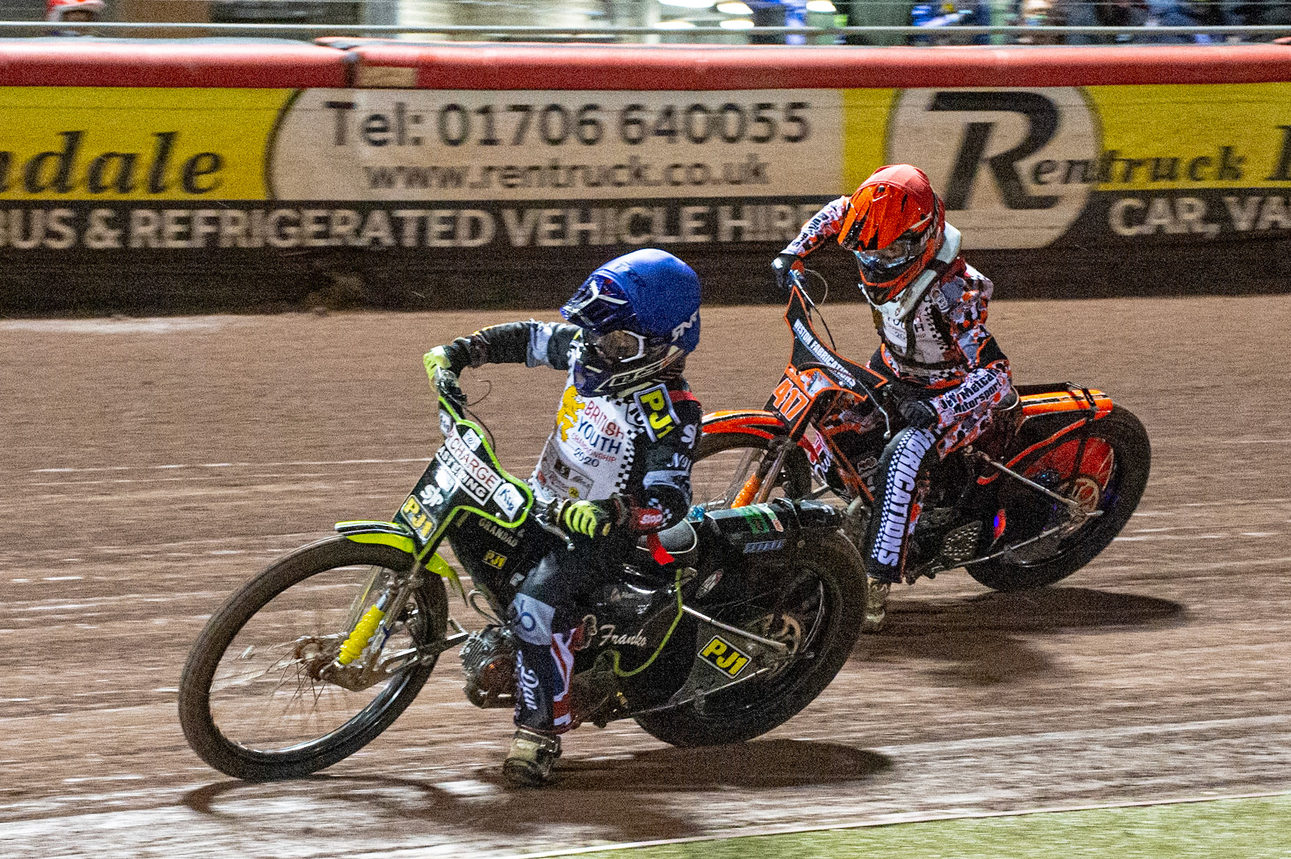 Photo: Ian CharlesJack Franklin (Blue) passes Becky Weston (Red) (125cc B Class)British Youth Speedway Championship (Round 5), National Speedway Stadium, Manchester Saturday  10  October  2020