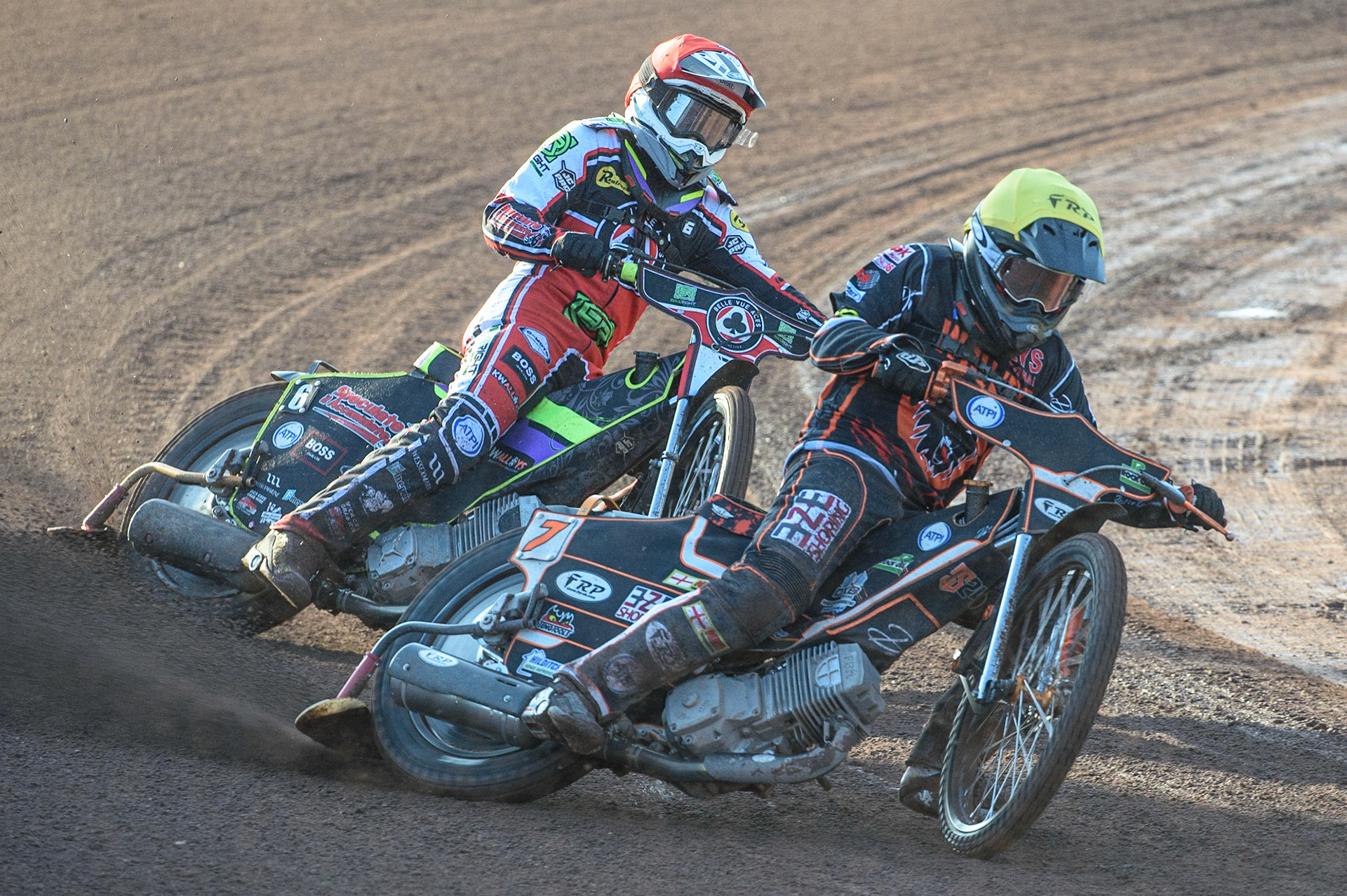 MANCHESTER, UK. JULY 15TH   Jack Smith (Yellow) leads Tom Brennan  (Red) during the SGB Premiership match between Belle Vue Aces and Wolverhampton Wolves at the National Speedway Stadium, Manchester on Thursday 15th July 2021. (Credit: Ian Charles | MI News)