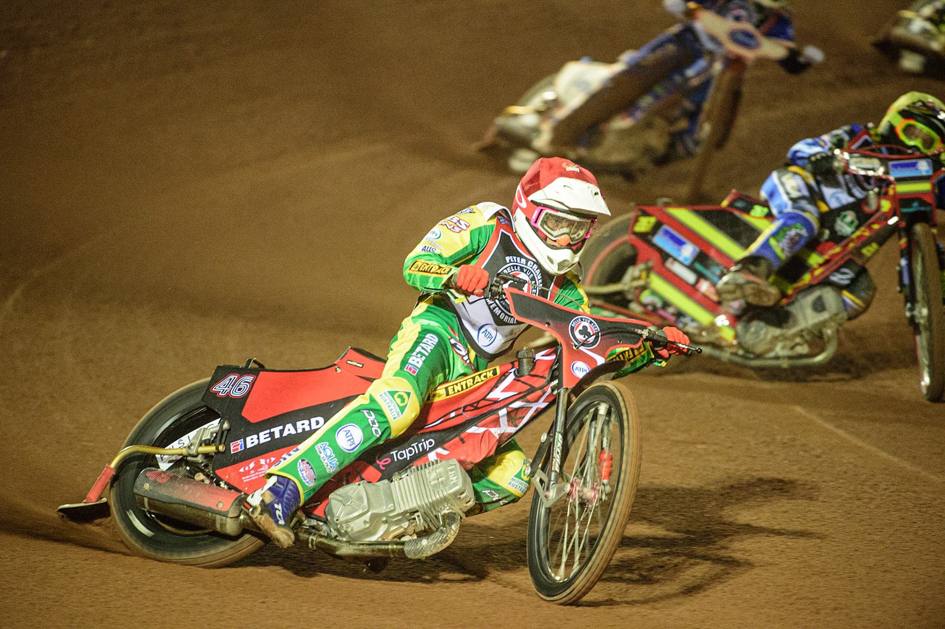 MANCHESTER, UK. MAR 21ST. Max Fricke(Red) leads Michael Palm-Toft (Yellow) and Robert Lambert (White)during the ATPI Peter Craven Memorial Trophy at the National Speedway Stadium, Manchester on Monday 21st March 2022. (Credit: Ian Charles | MI News)