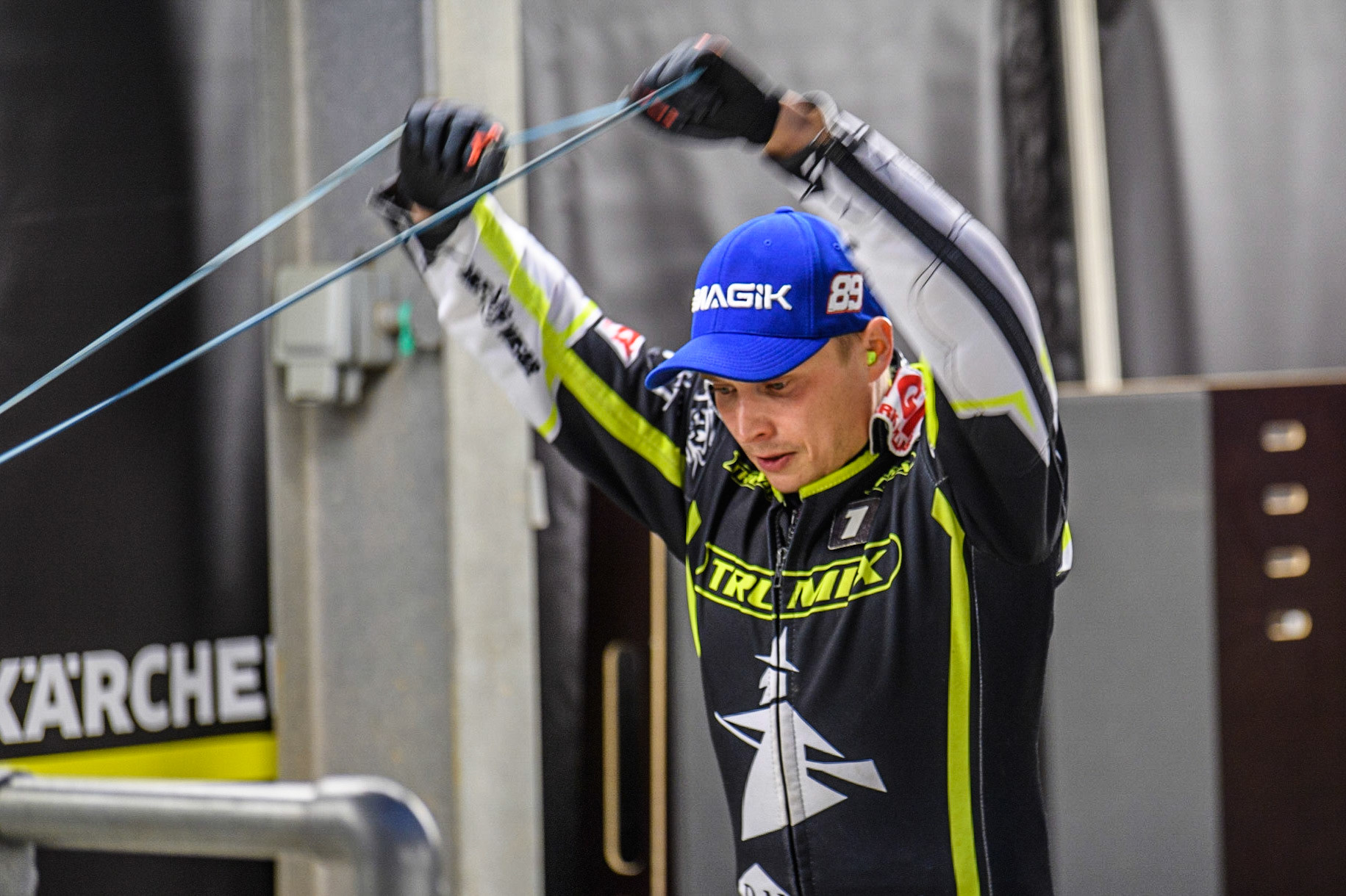 Emil Sayfutdinov  does warm up exercises during the Sports Insure Premiership Semi Final Playoff 2nd leg match between Belle Vue Aces and Ipswich Witches at the National Speedway Stadium, Manchester on Monday 25th September 2023. (Photo: Ian Charles | MI News)